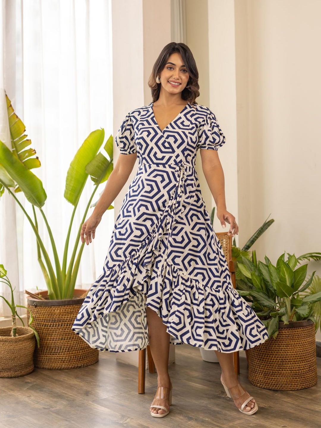 

Polago Clothing Printed Cotton Wrap Midi Dress, White