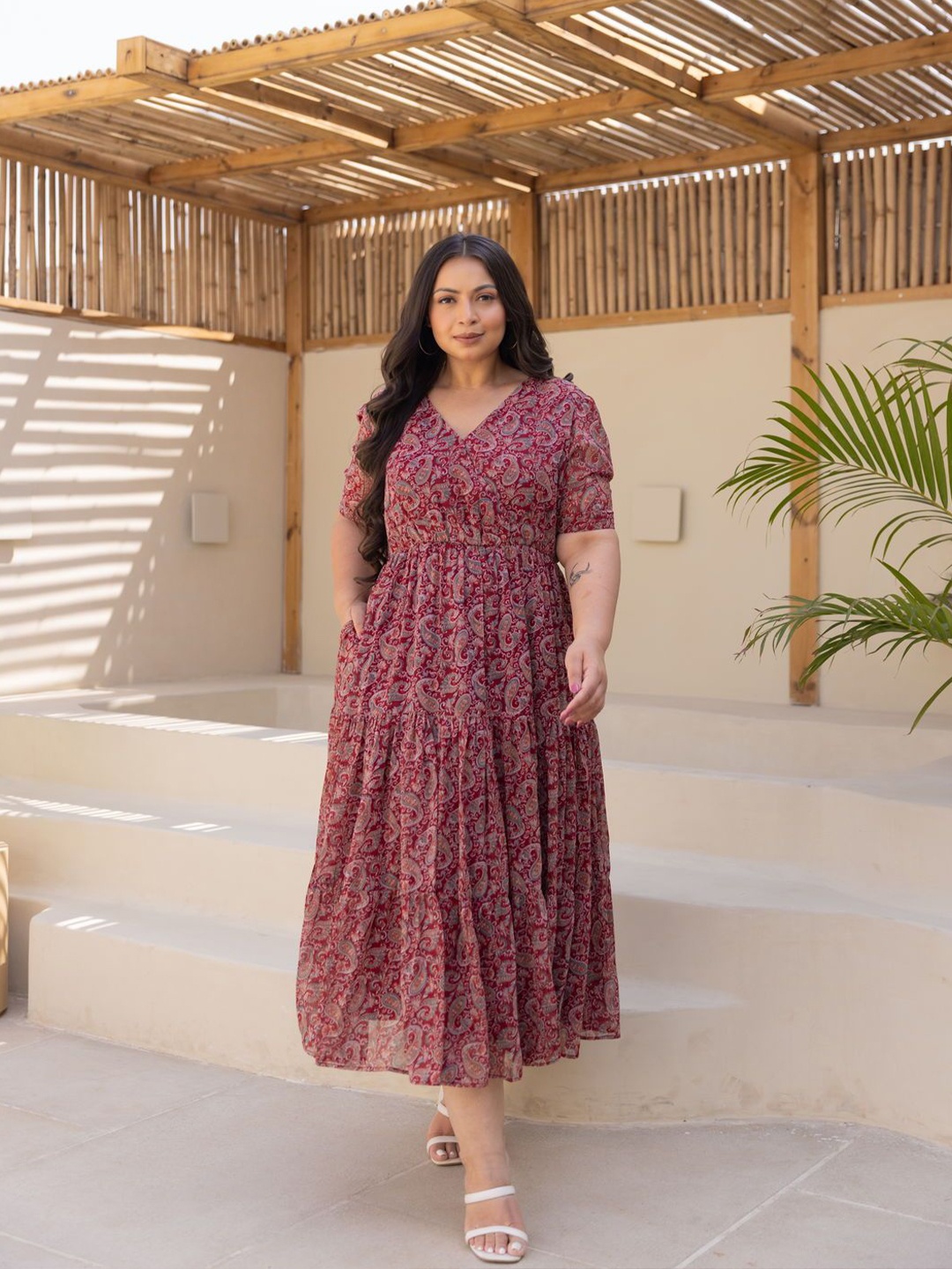 

Polago Clothing Ethnic Motifs Georgette Fit and Flare Midi Dress, Maroon