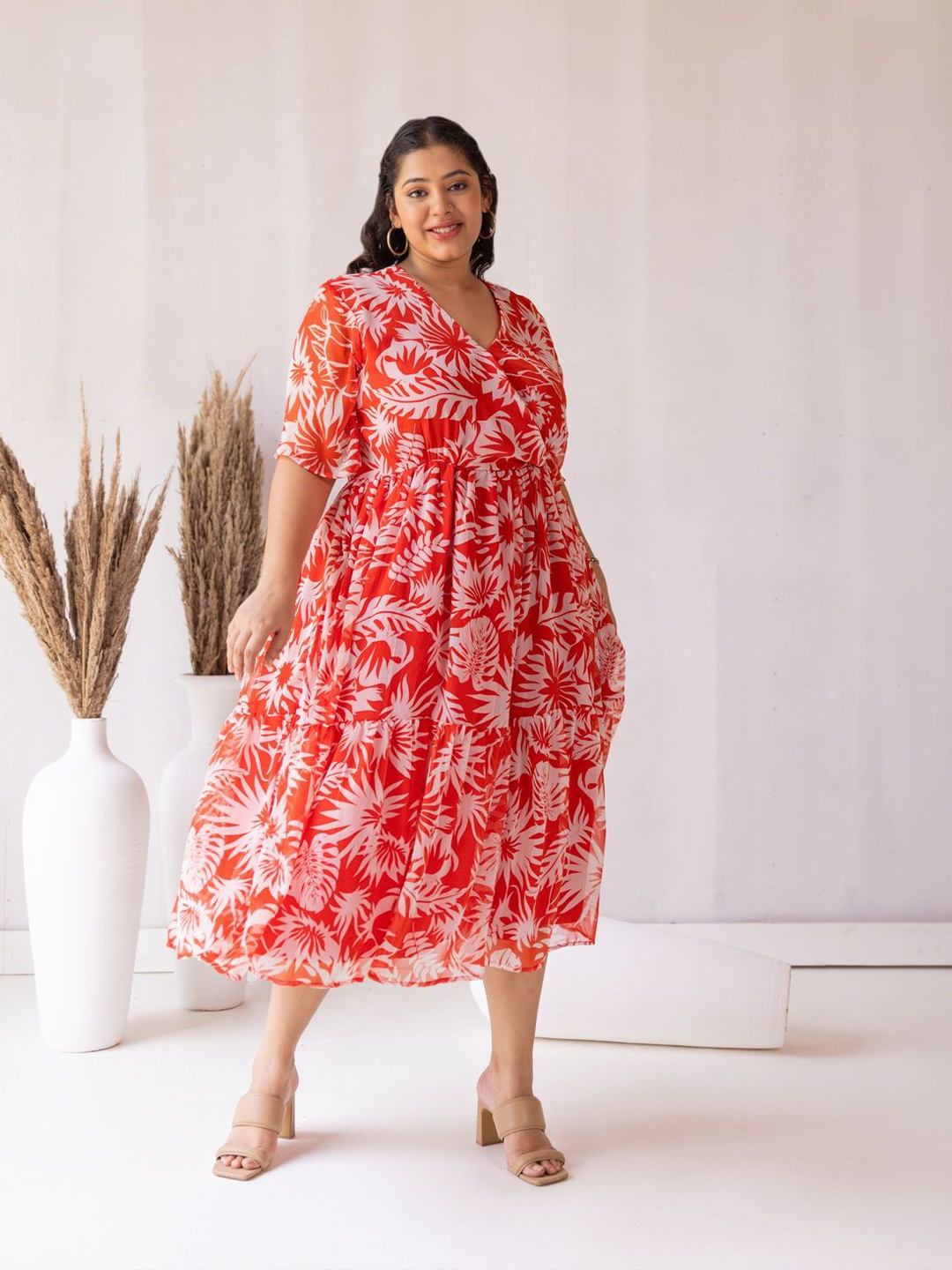 Polago Clothing Floral Print Georgette Wrap Midi Dress, Orange