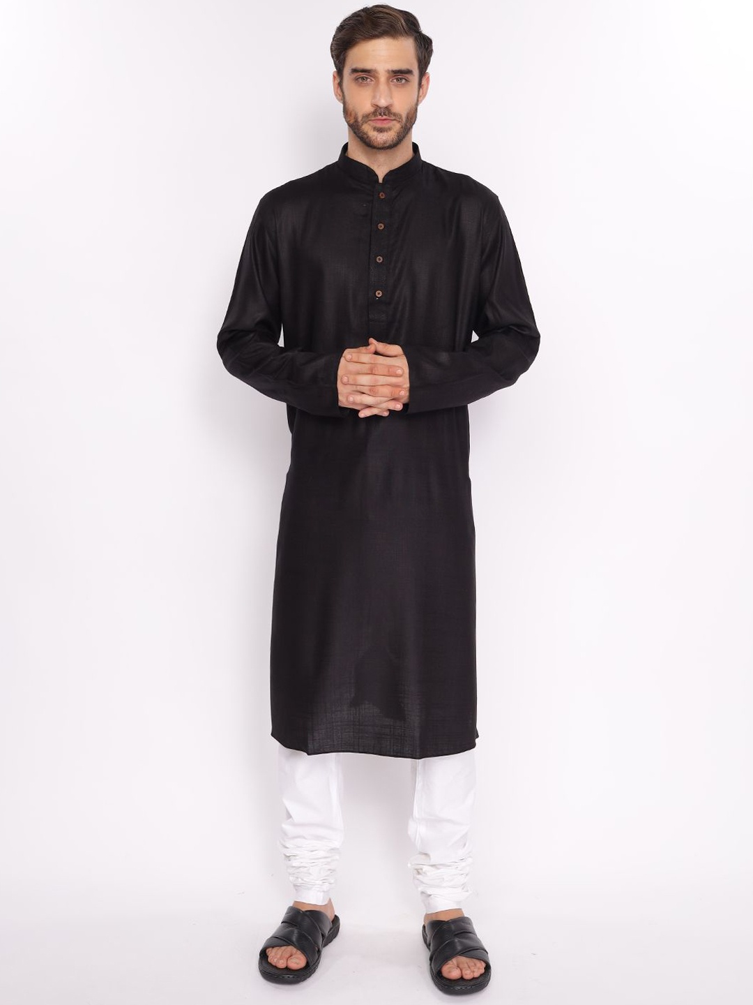 

ZOIS Striped Woven Design Mandarin Collar Pure Cotton Kurta With Churidar, Black