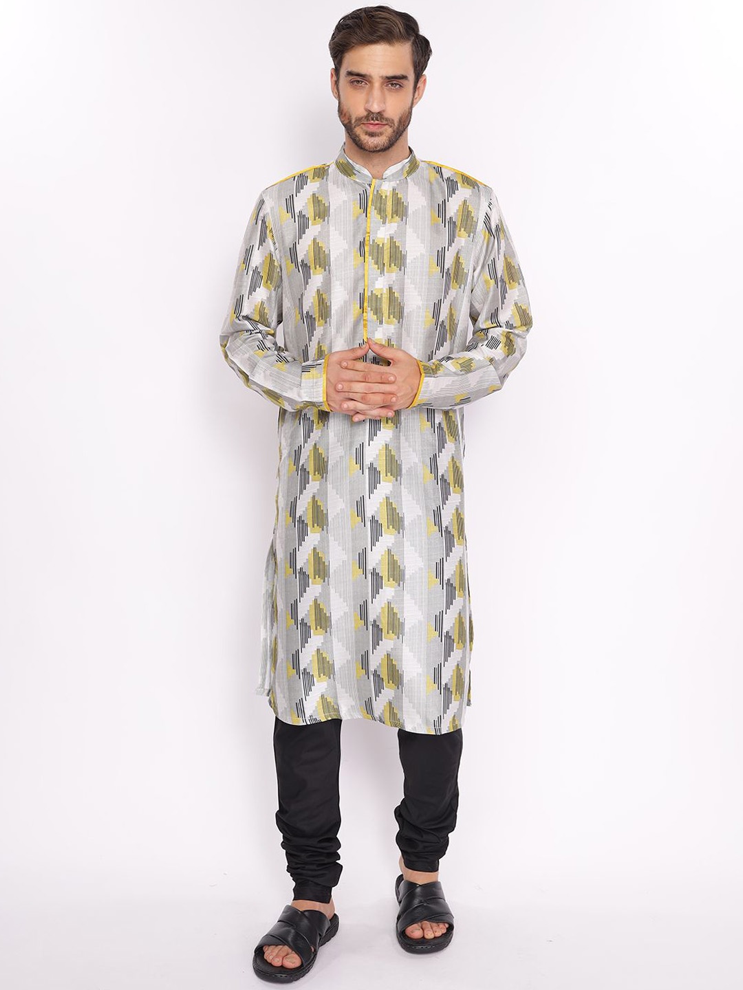 

ZOIS Geometric Printed Mandarin Collar Straight Kurta With Churidar, Yellow