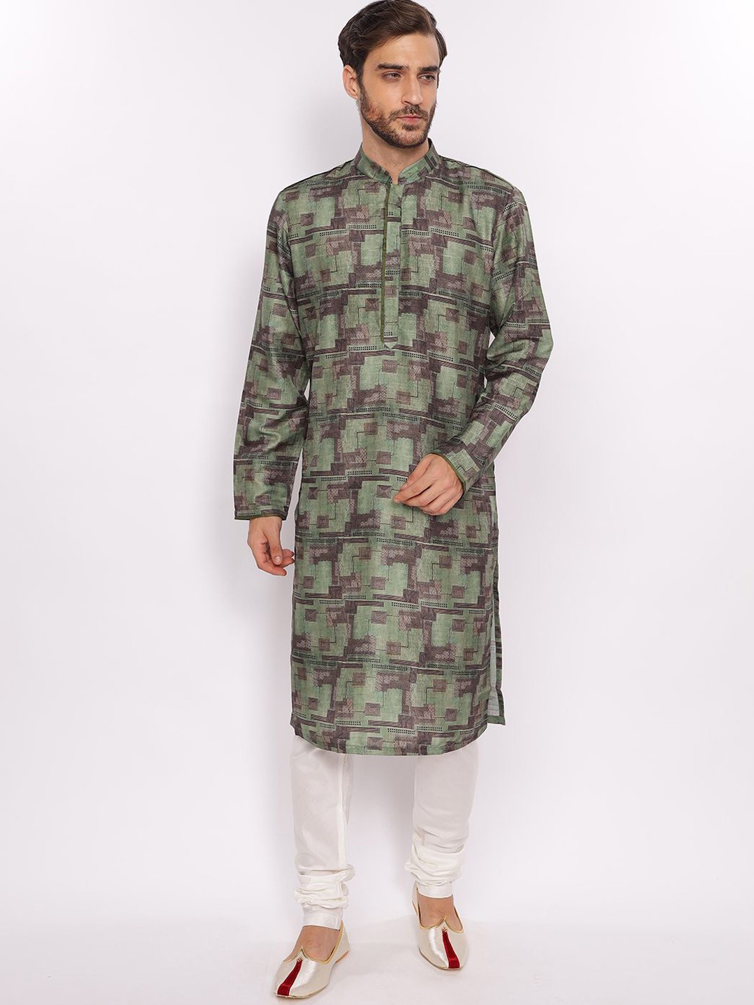 

ZOIS Abstract Printed Mandarin Collar Straight Kurta with Churidar, Green