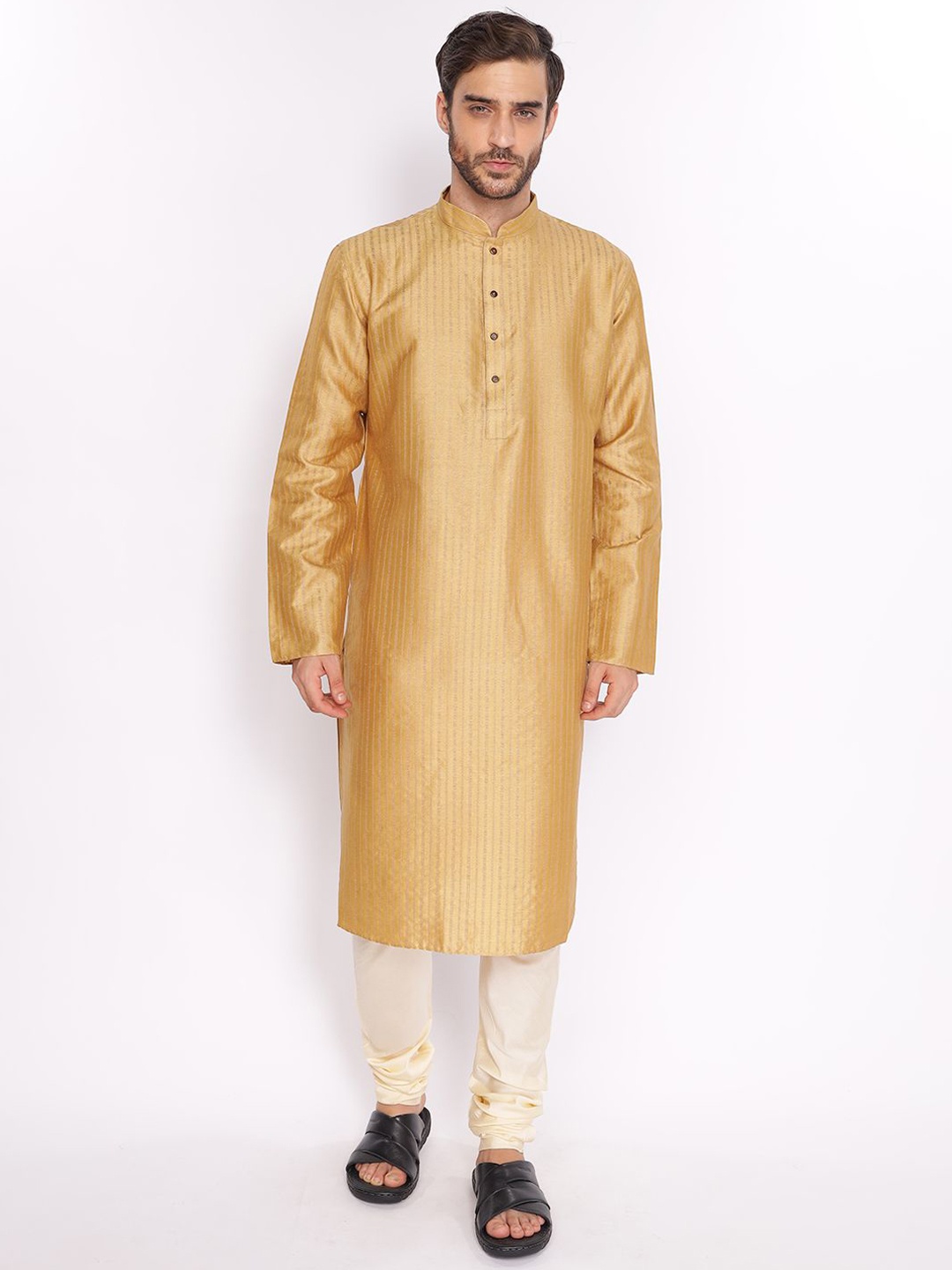 

ZOIS Striped Mandarin Collar Straight Kurta with Churidar, Beige