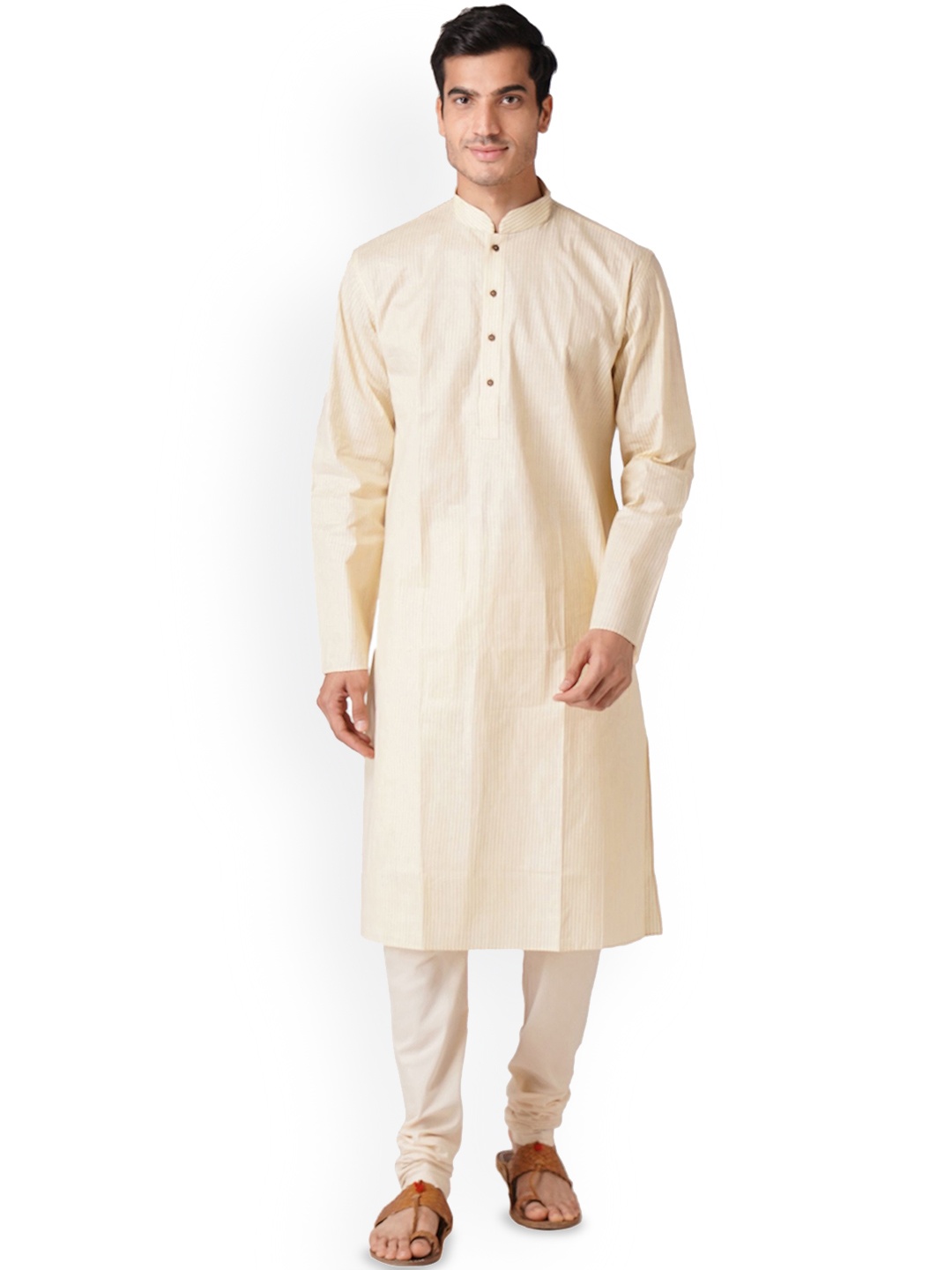 

ZOIS Striped Woven Design Mandarin Collar Straight Kurta With Churidar, Beige