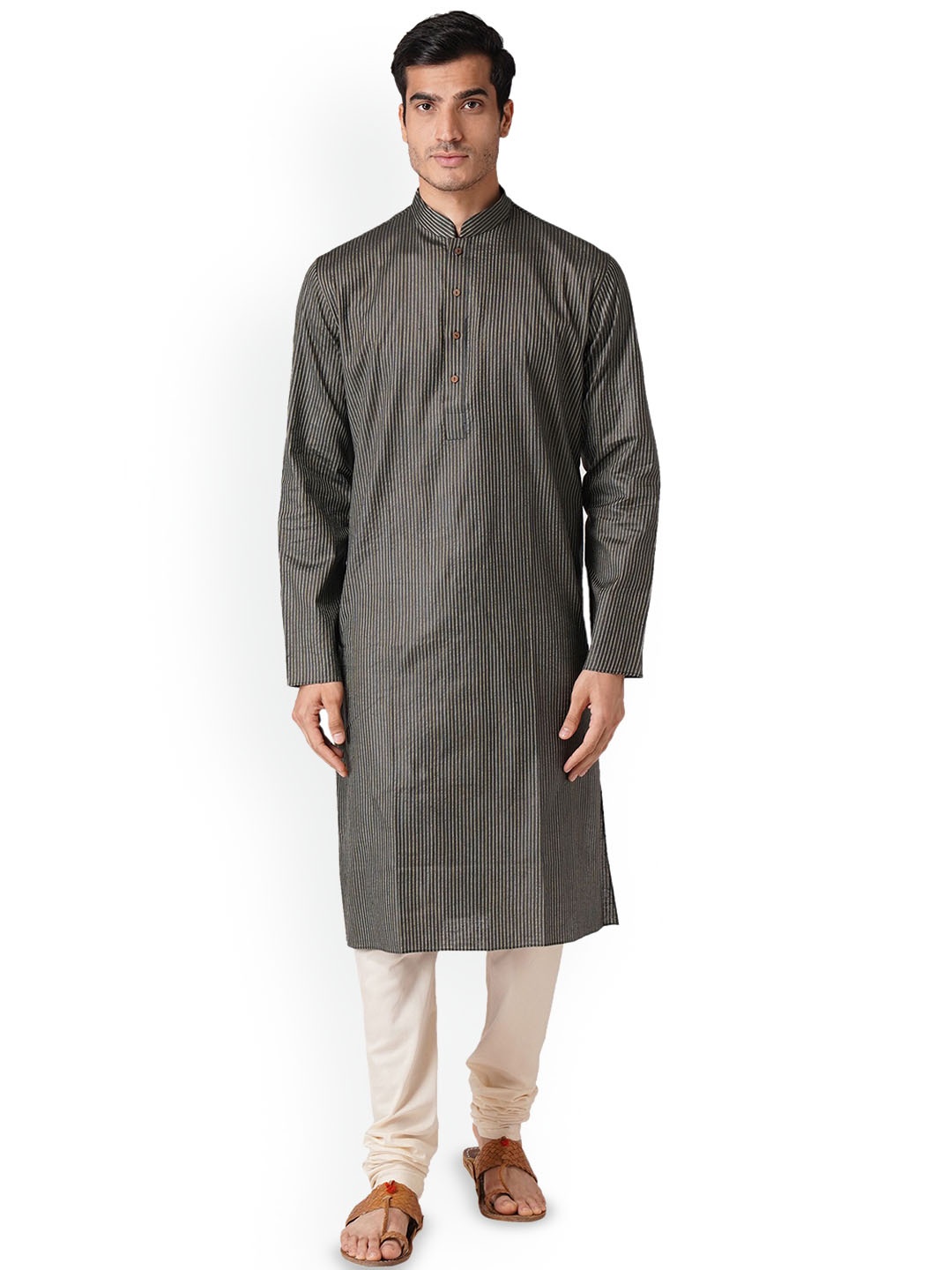 

ZOIS Striped Mandarin Collar Pure Cotton Straight Kurta With Churidar, Black