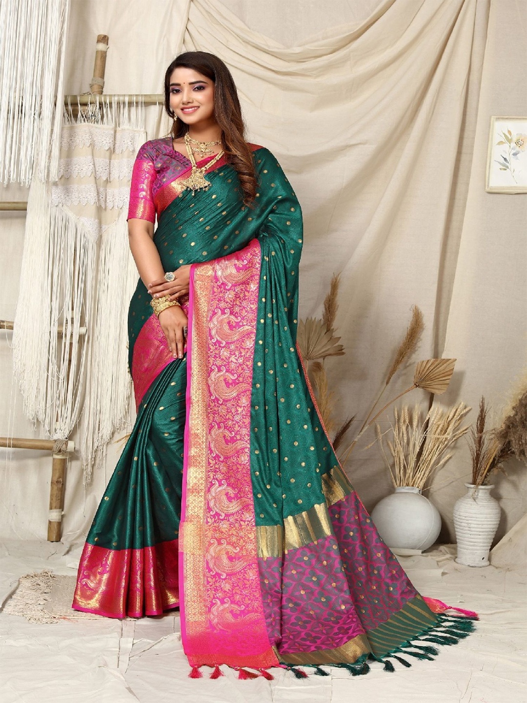 

JULEE Ethnic Motif Zari Woven Kanjeevaram Saree, Sea green