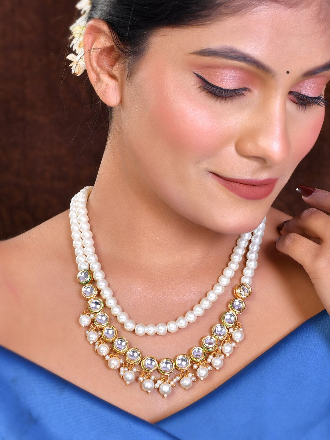 

Silvermerc Designs Gold-Plated Pearl Beaded Kundan Layered Necklace