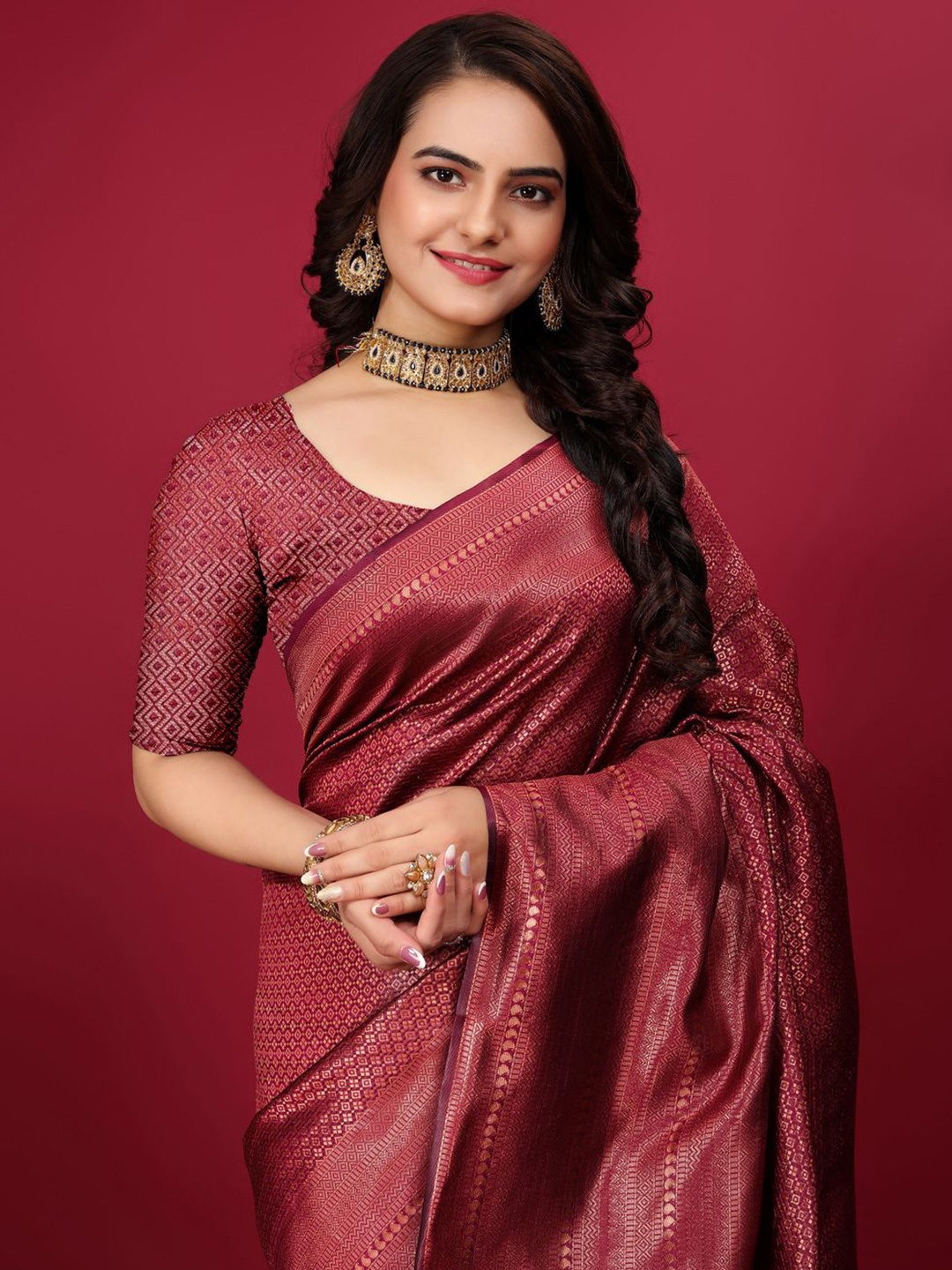 

KALINI Ethnic Motifs Zari Banarasi Saree, Maroon