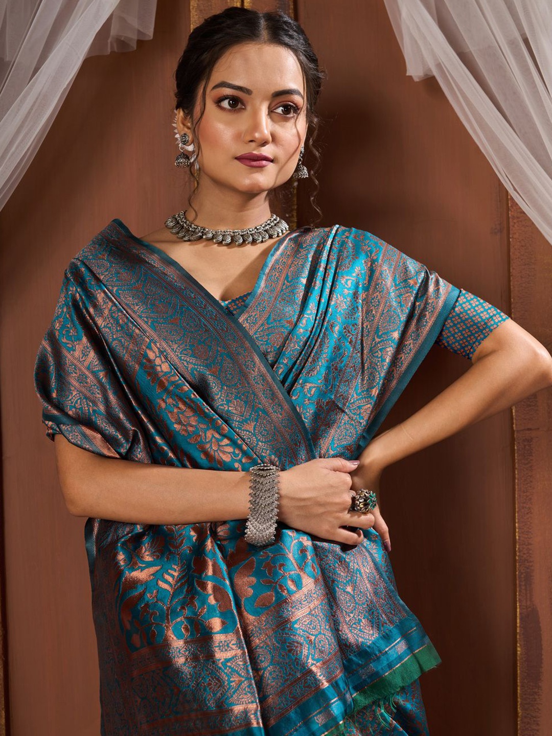 

KALINI Woven Design Zari Pure Silk Banarasi Saree, Blue