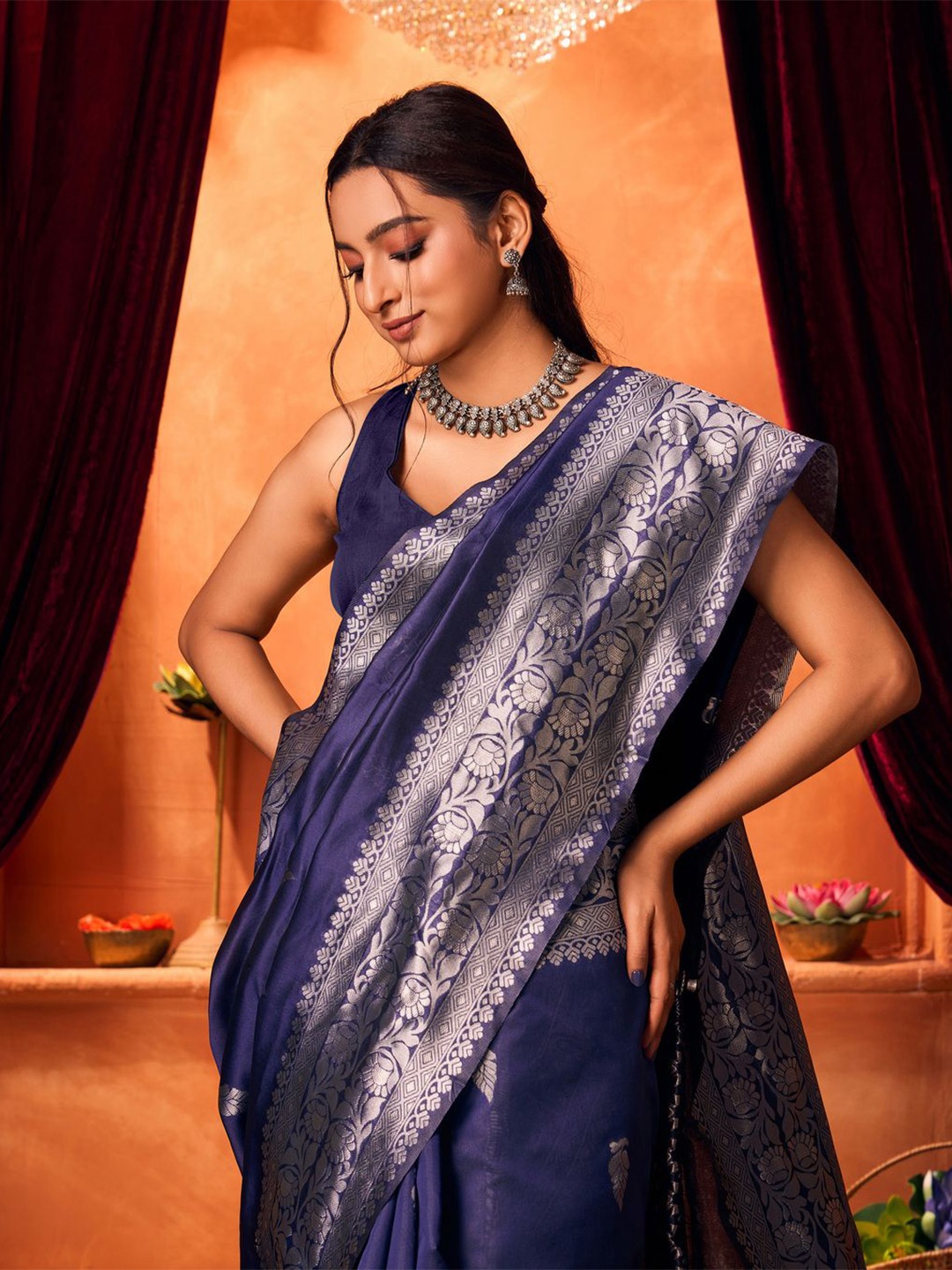 

KALINI Ethnic Motifs Zari Banarasi Saree, Blue