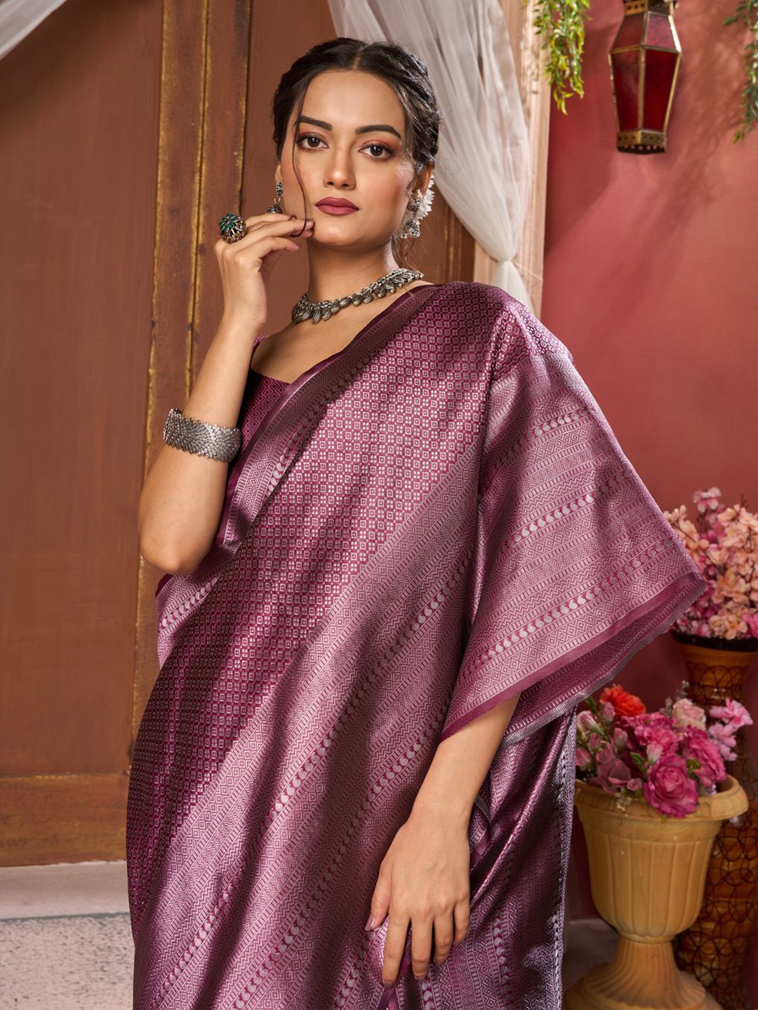 

KALINI Ethnic Motifs Zari Pure Silk Banarasi Saree, Purple