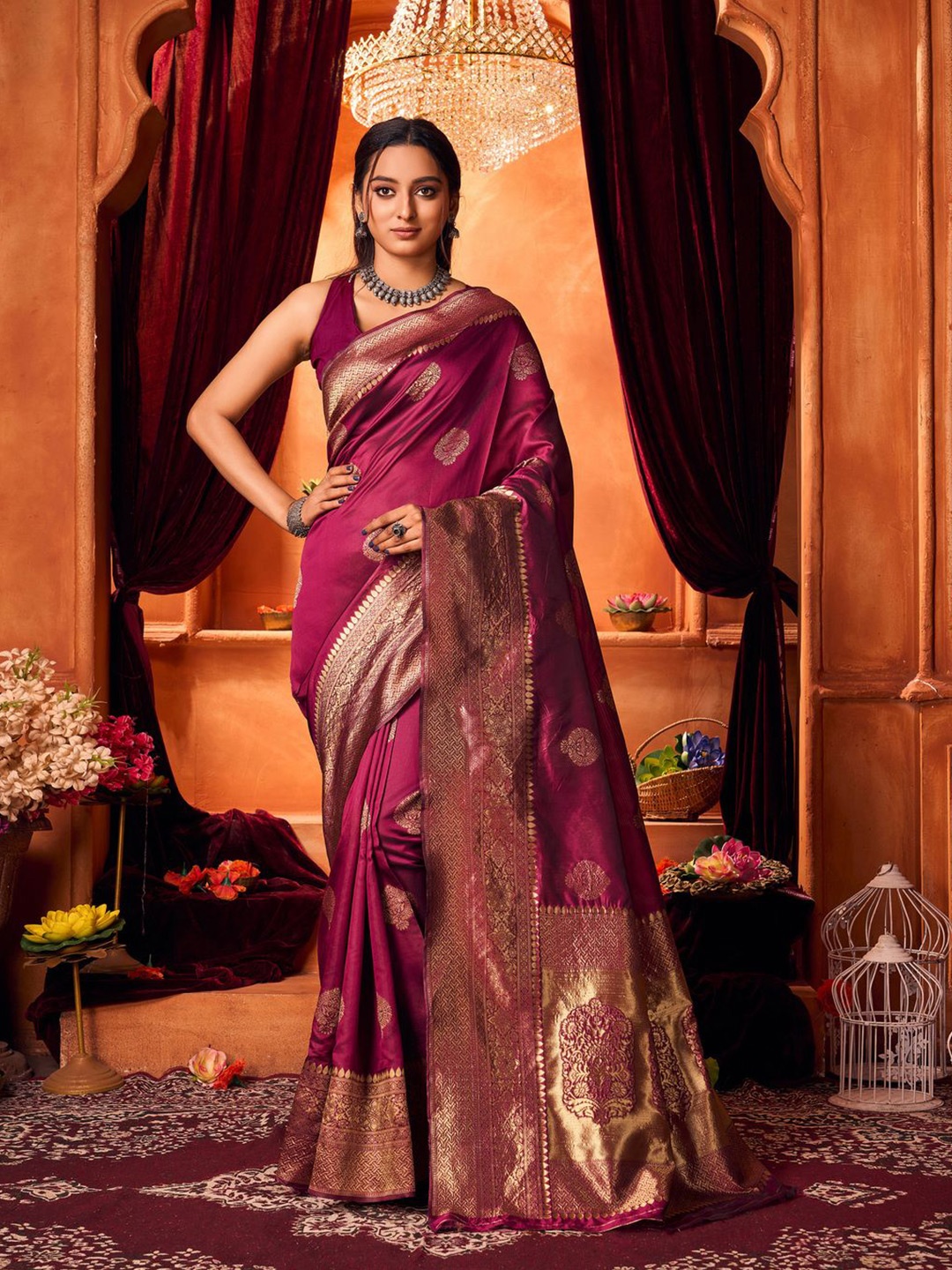 

KALINI Ethnic Motifs Zari Banarasi Saree, Purple