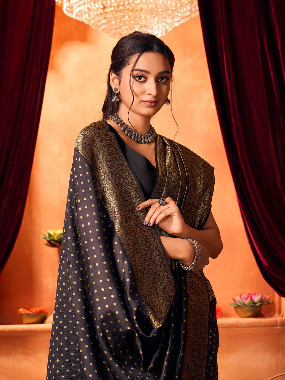 

KALINI Ethnic Motifs Zari Pure Silk Banarasi Saree, Black