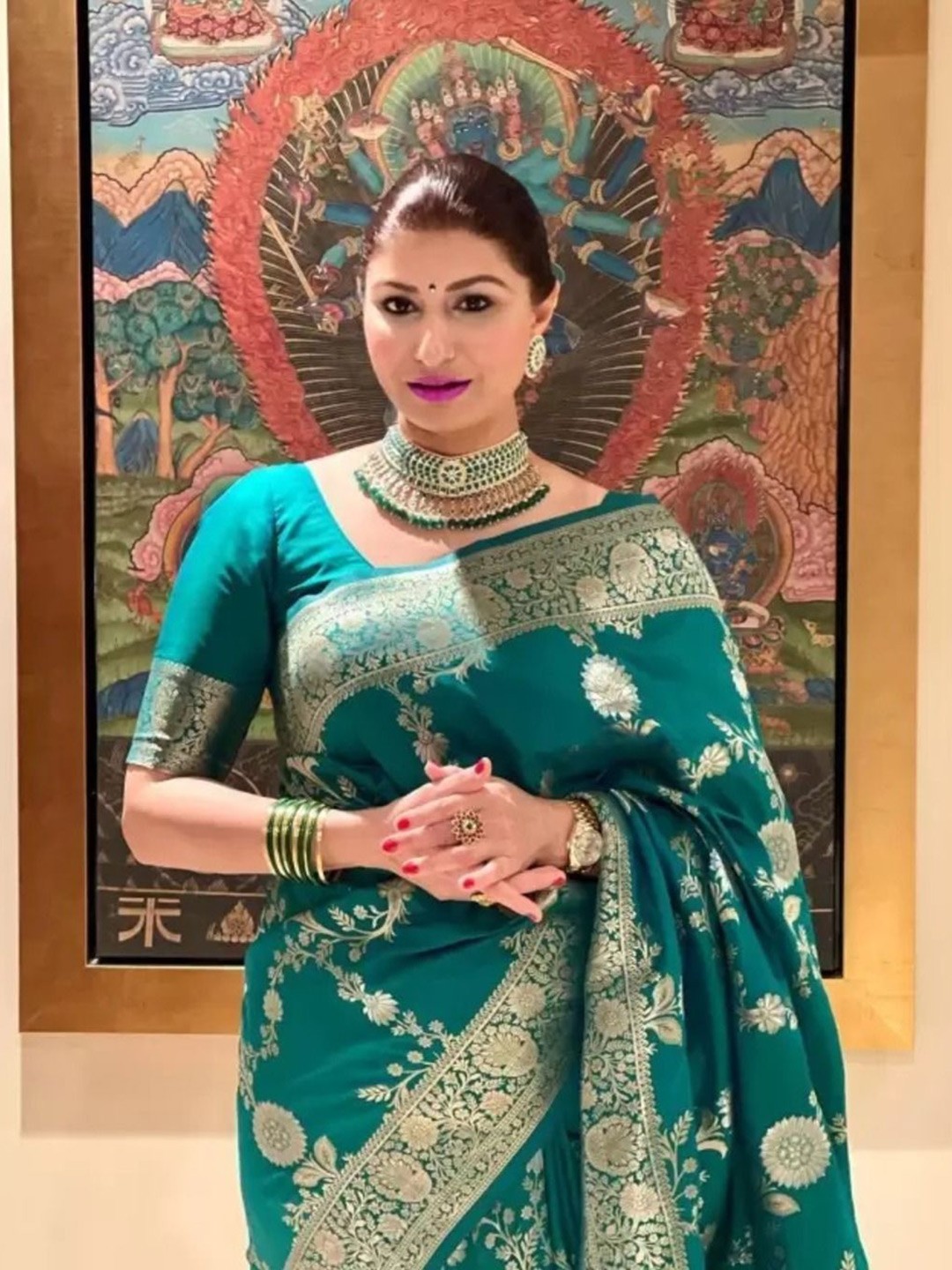 

KALINI Ethnic Motifs Zari Woven Banarasi Saree, Green