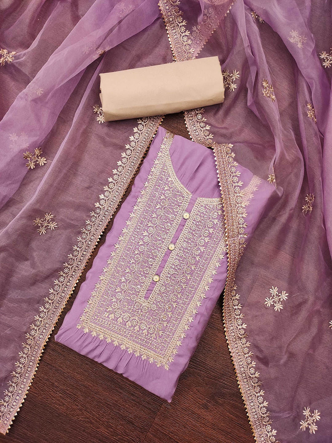 

KALINI Floral Embroidered Sequinned Unstitched Dress Material, Lavender
