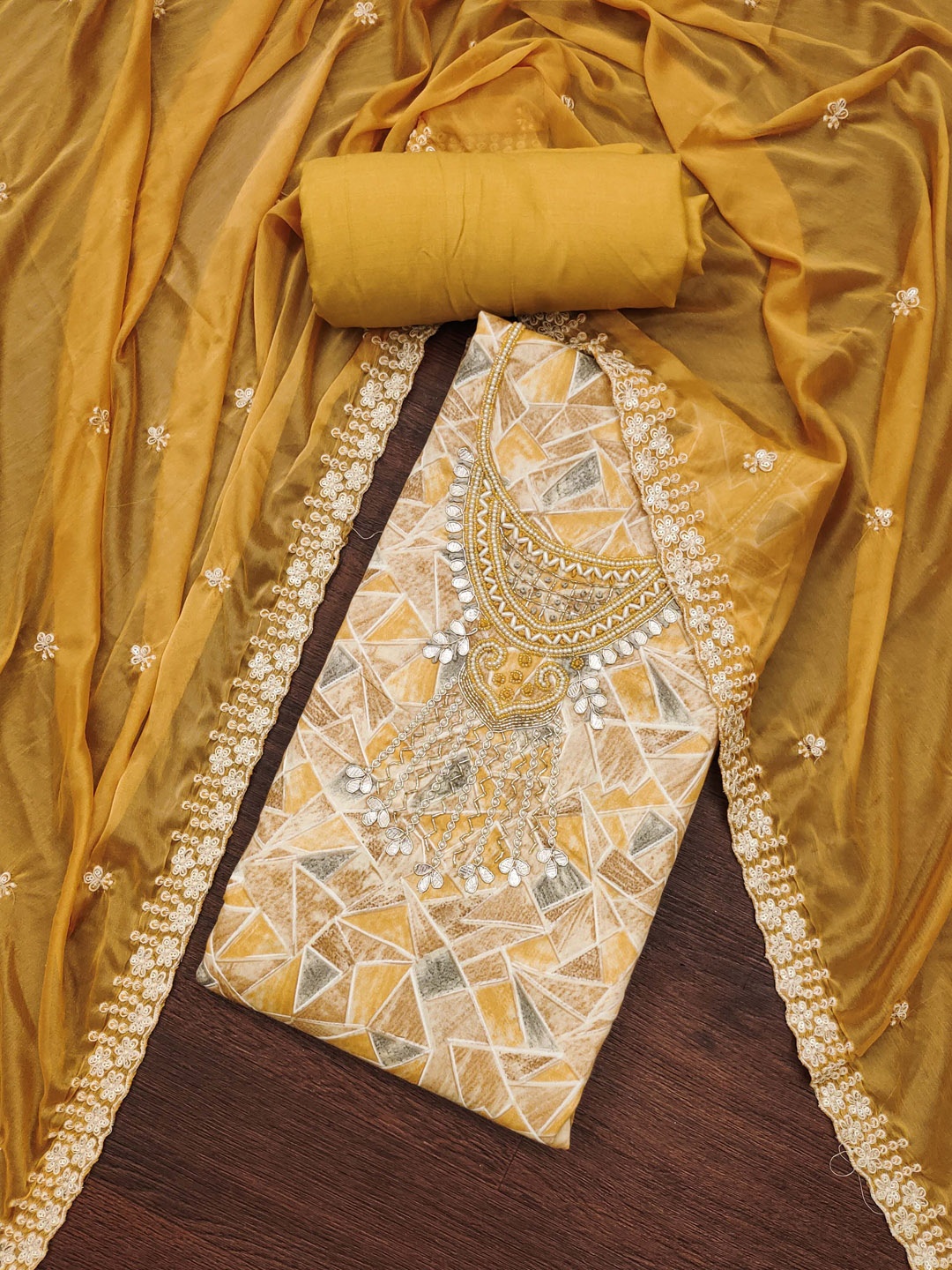 

KALINI Geometric Printed Beads and Stones Unstitched Dress Material, Yellow