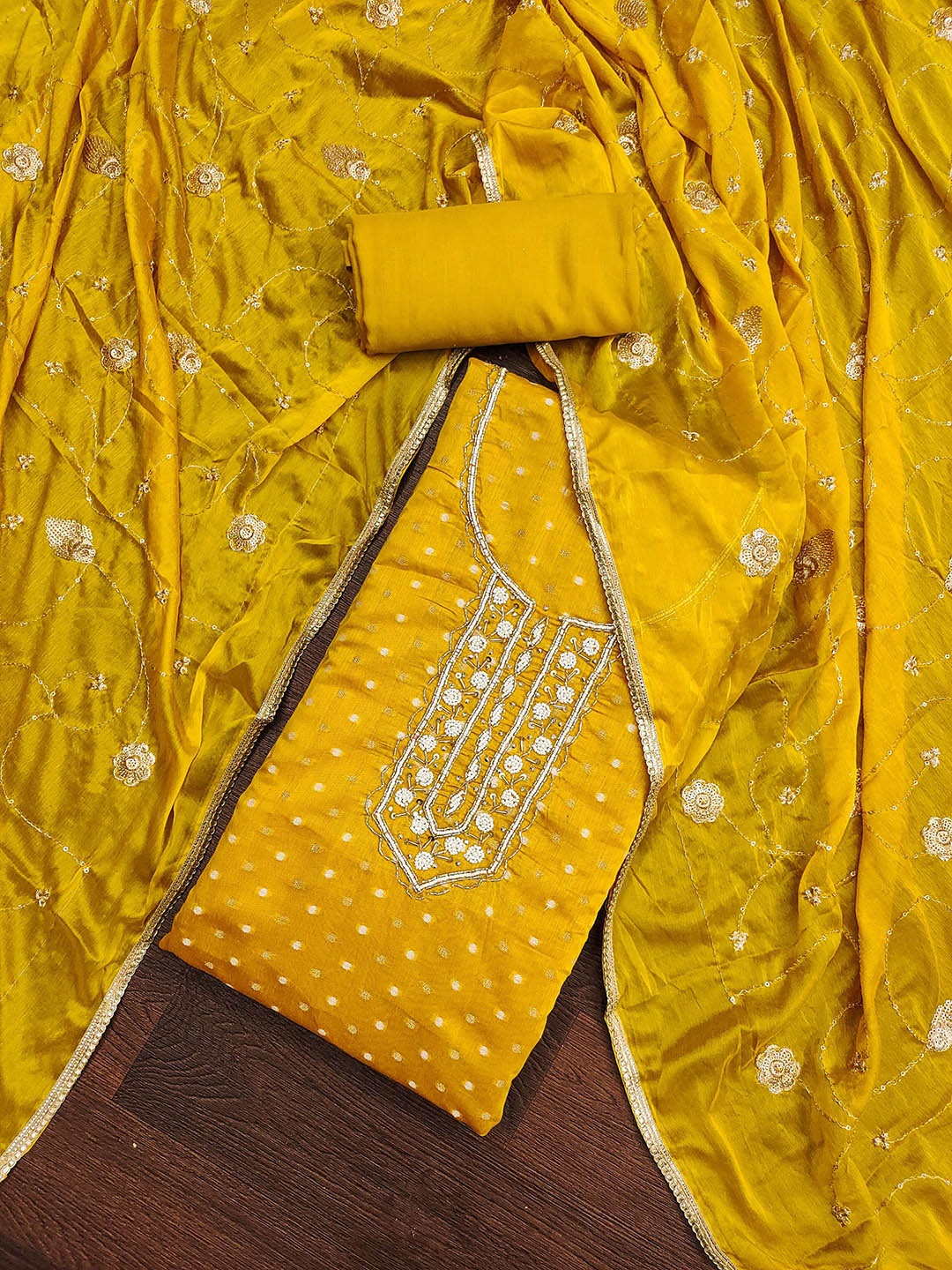 

KALINI Polka Dots Woven Design Beads and Stones Unstitched Dress Material, Yellow