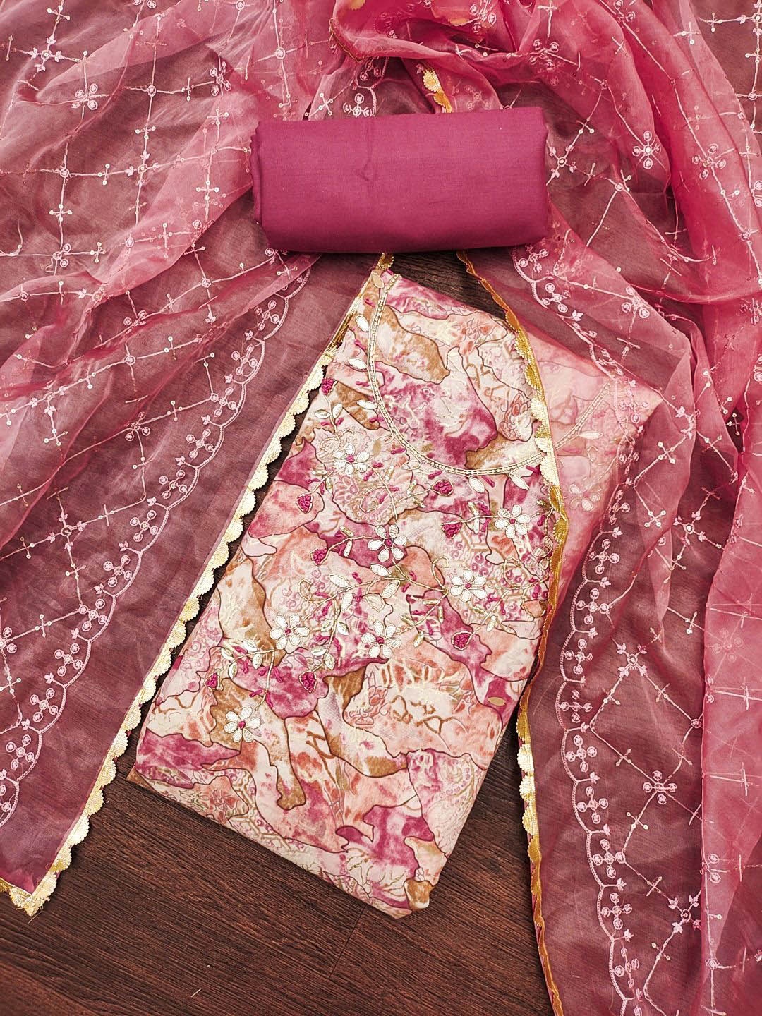 

KALINI Floral Printed Gotta Patti Unstitched Dress Material, Pink