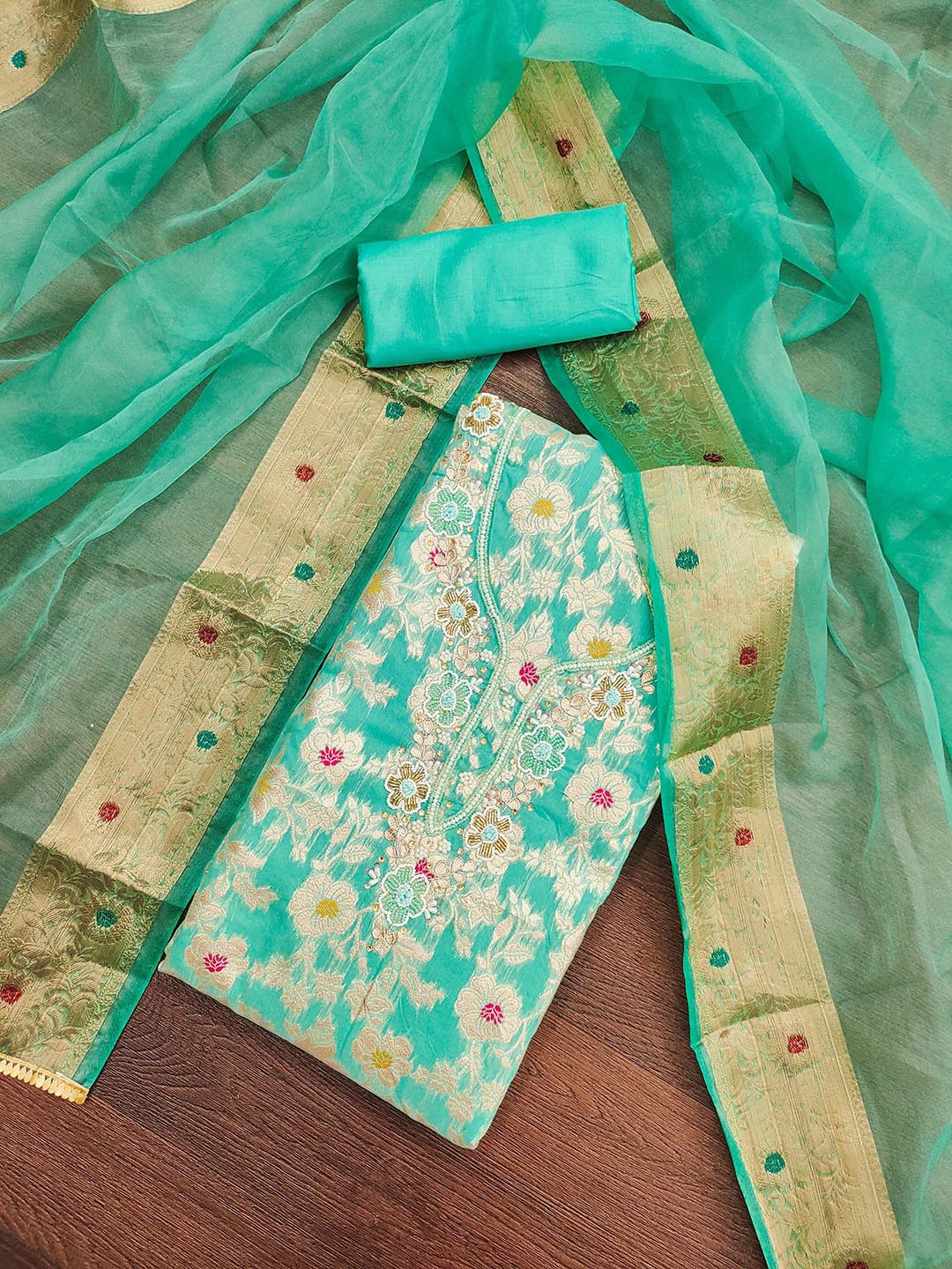 

KALINI Floral Woven Designed Zari Unstitched Dress Material, Turquoise blue