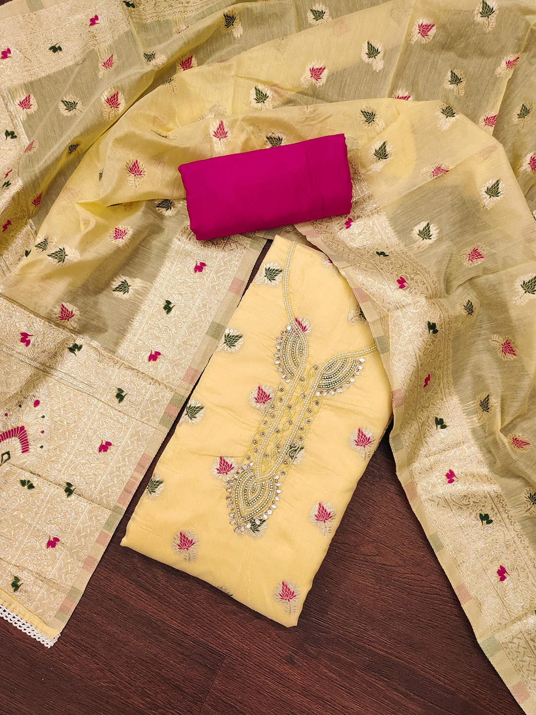 

KALINI Ethnic Motifs Woven Design Zari Unstitched Dress Material, Yellow