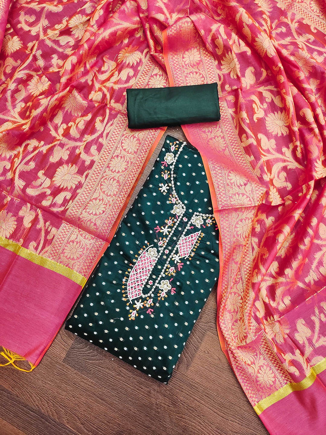 

KALINI Ethnic Motifs Woven Design Zari Unstitched Dress Material, Green
