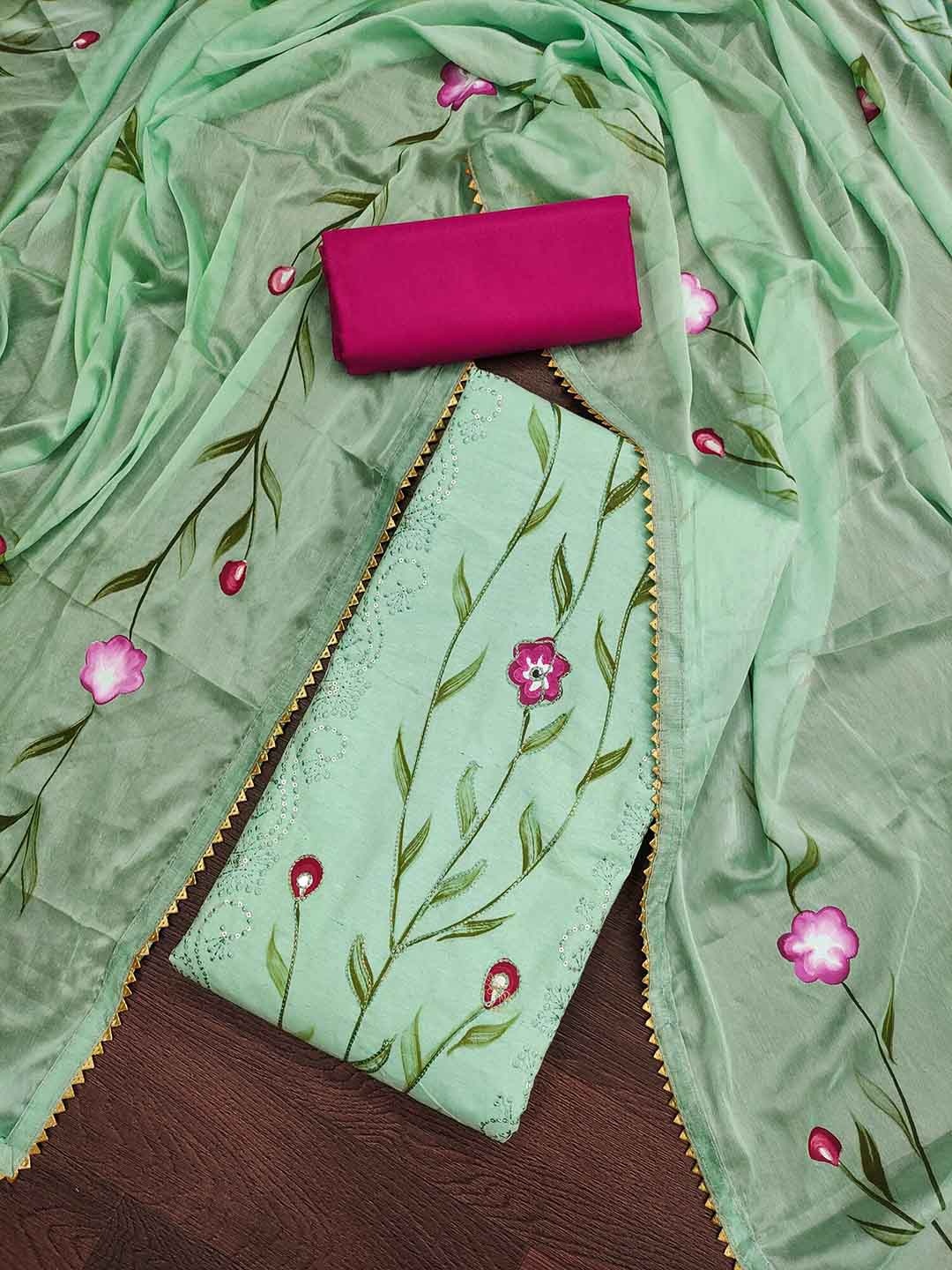

KALINI Floral Embroidered Sequinned Unstitched Dress Material, Green