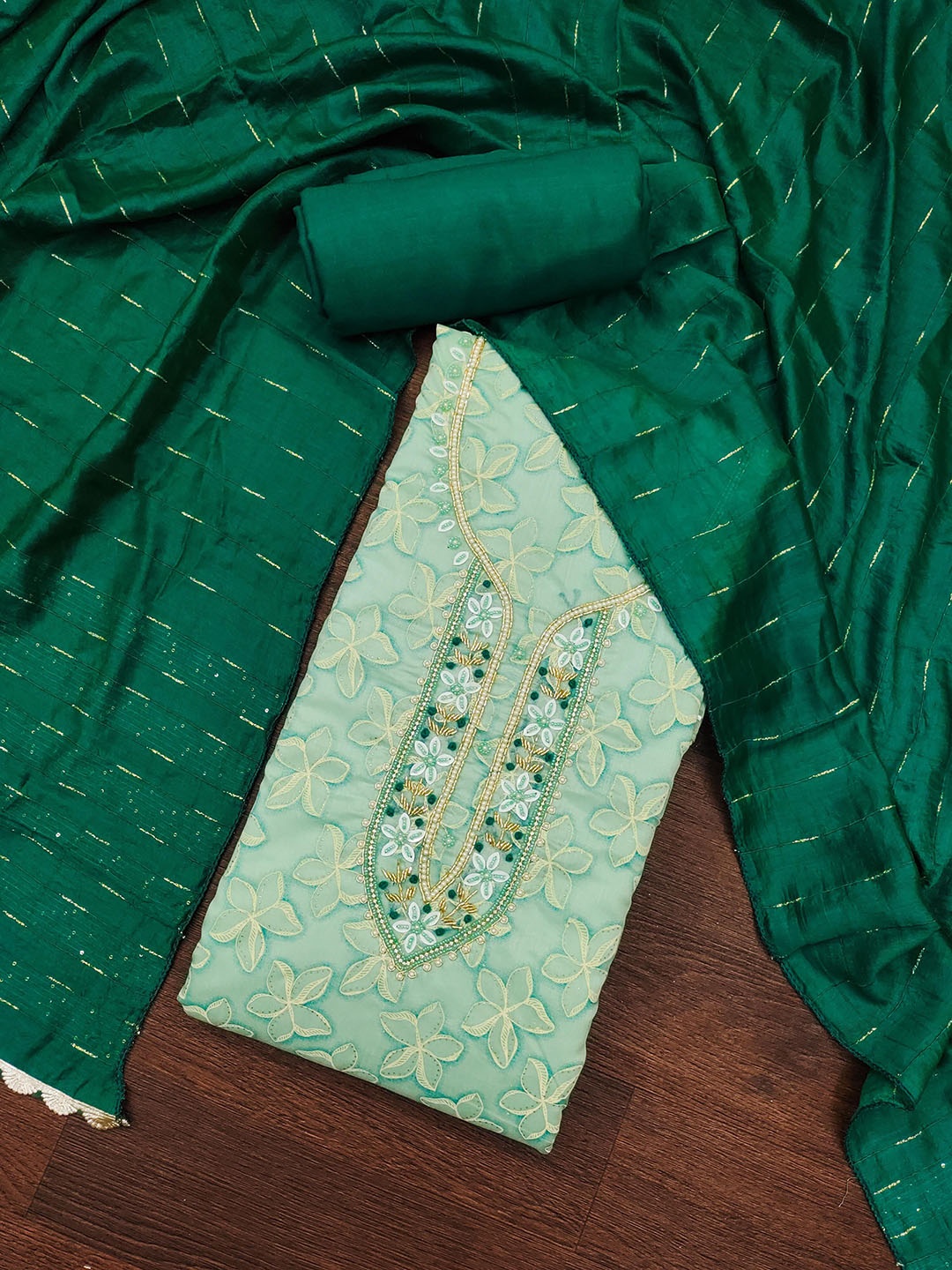 

KALINI Floral Printed Beads and Stones Unstitched Dress Material, Green