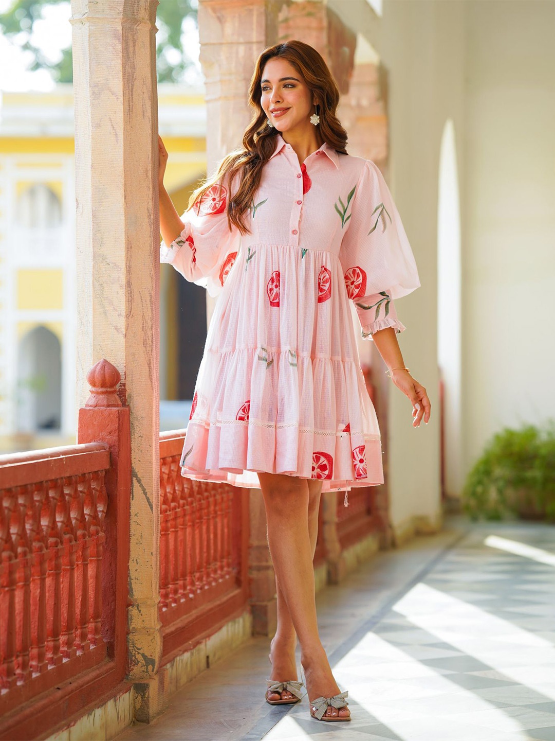

Ambraee Floral Puff Sleeves Empire Dress, Pink