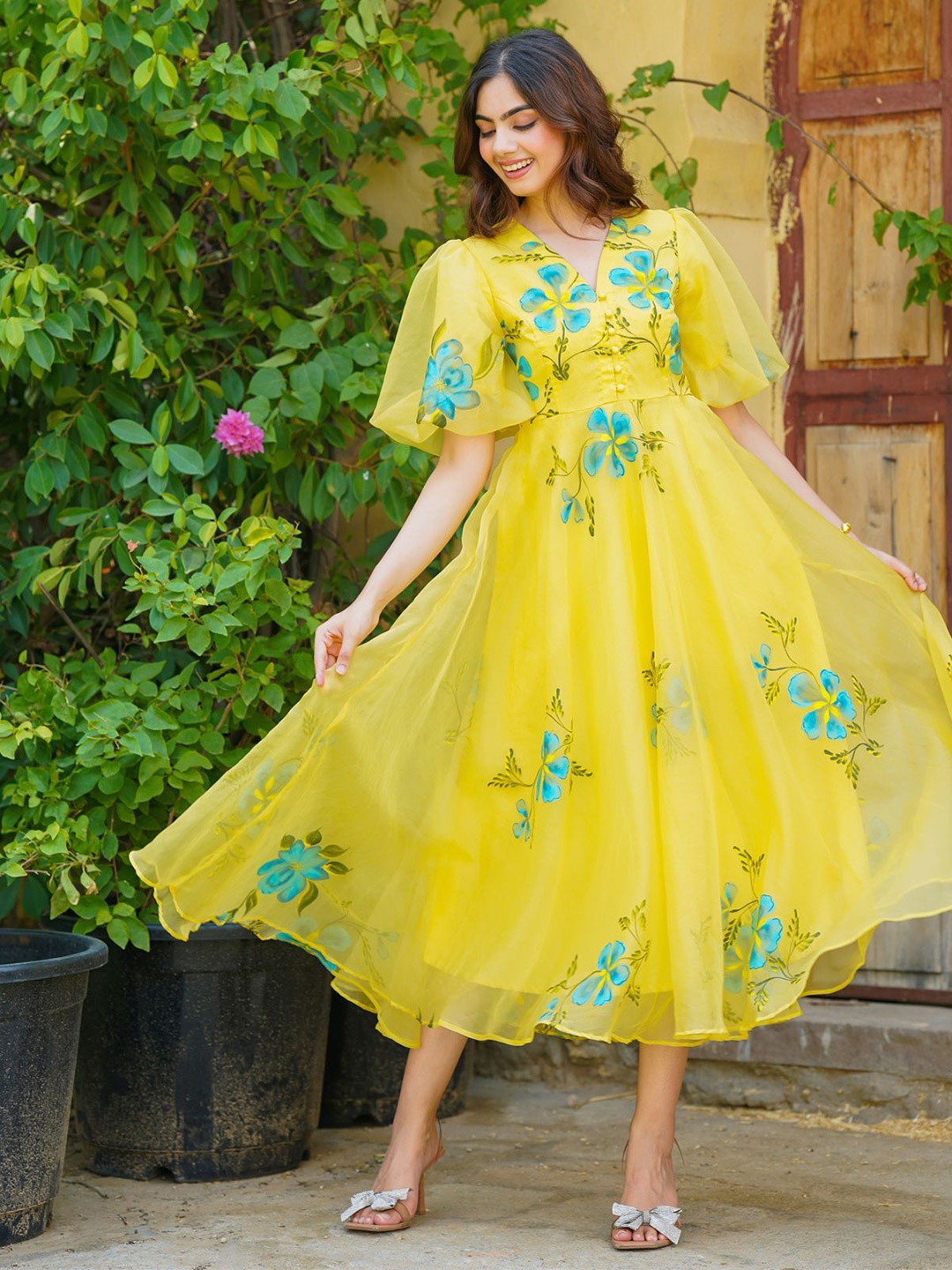 

Ambraee Women V-Neck Flared Sleeves Floral Chiffon Fit & Flare Midi Dress, Yellow