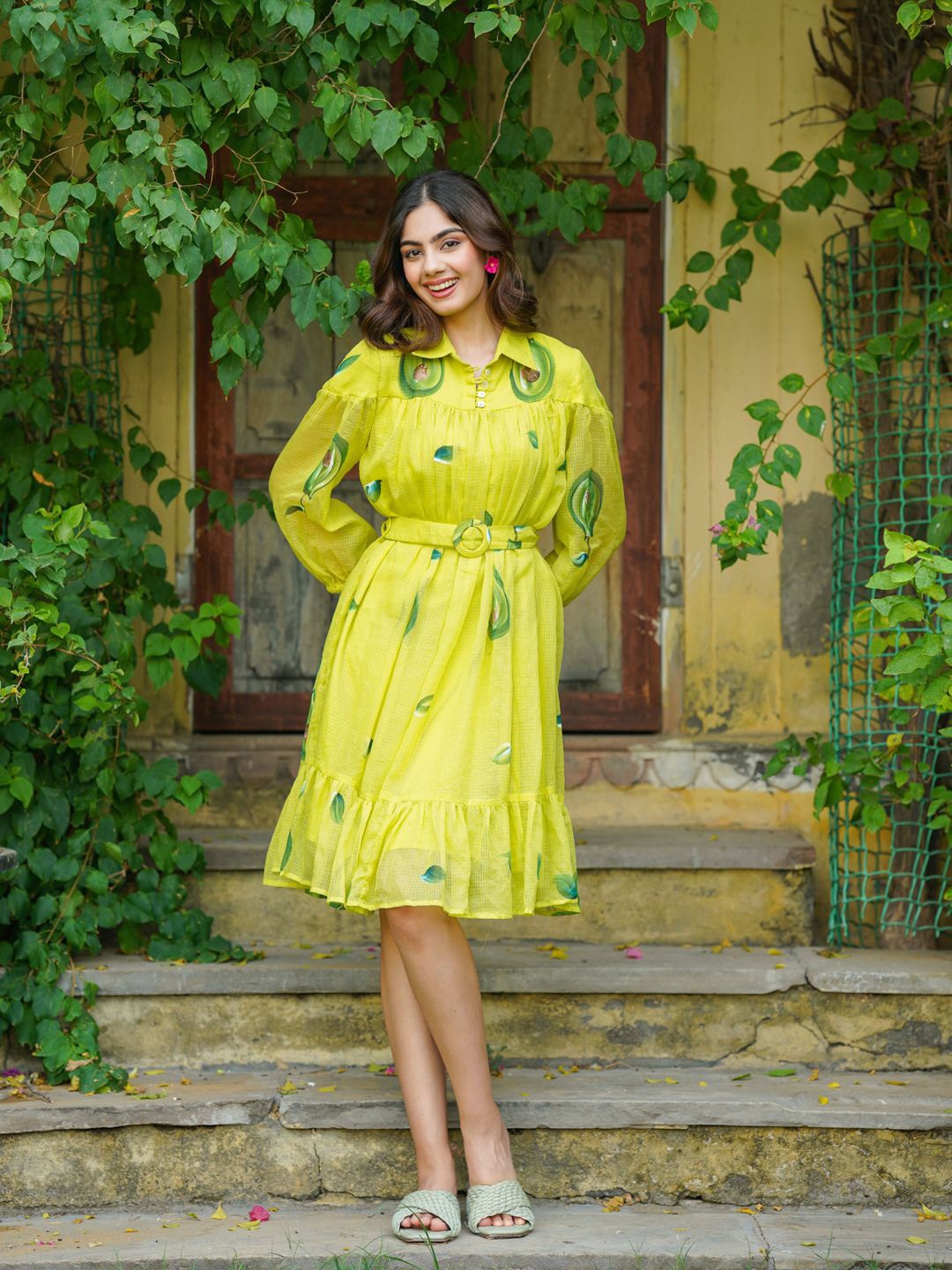 

Ambraee Printed Puff Sleeves Shirt Collar Fit and Flare Dress, Green