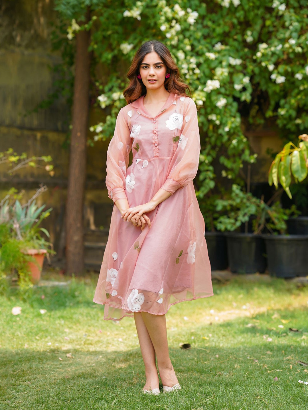 

Ambraee Floral Printed Puff Sleeve Organza Fit & Flare Dress, Pink