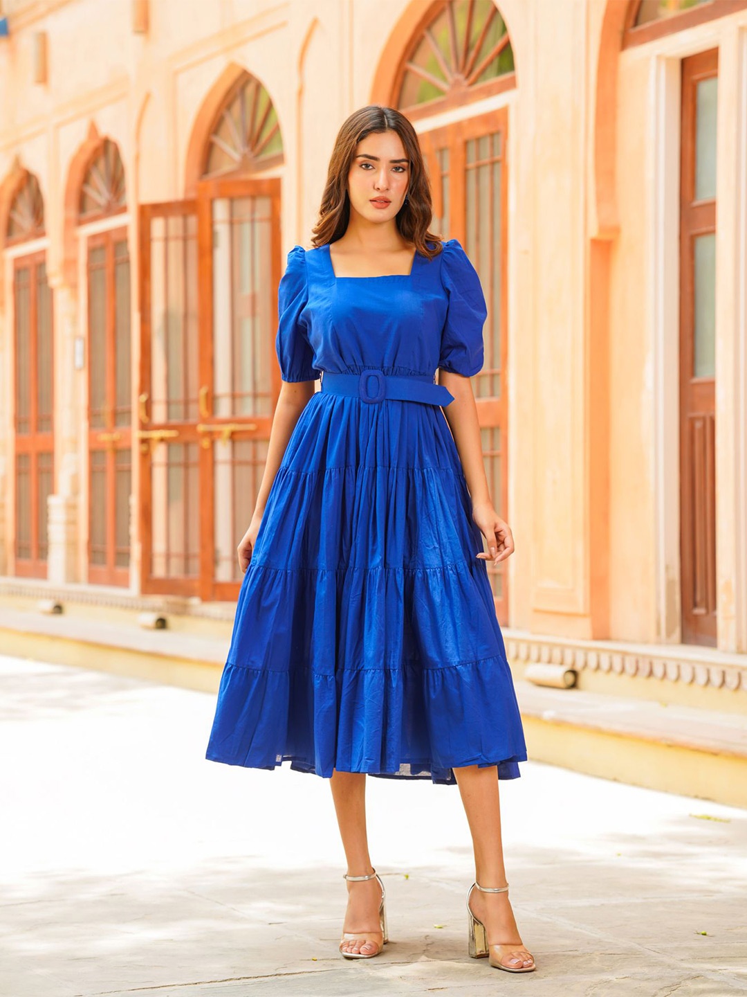 

Ambraee Puff Sleeves Cotton Fit & Flare Midi Dress, Blue