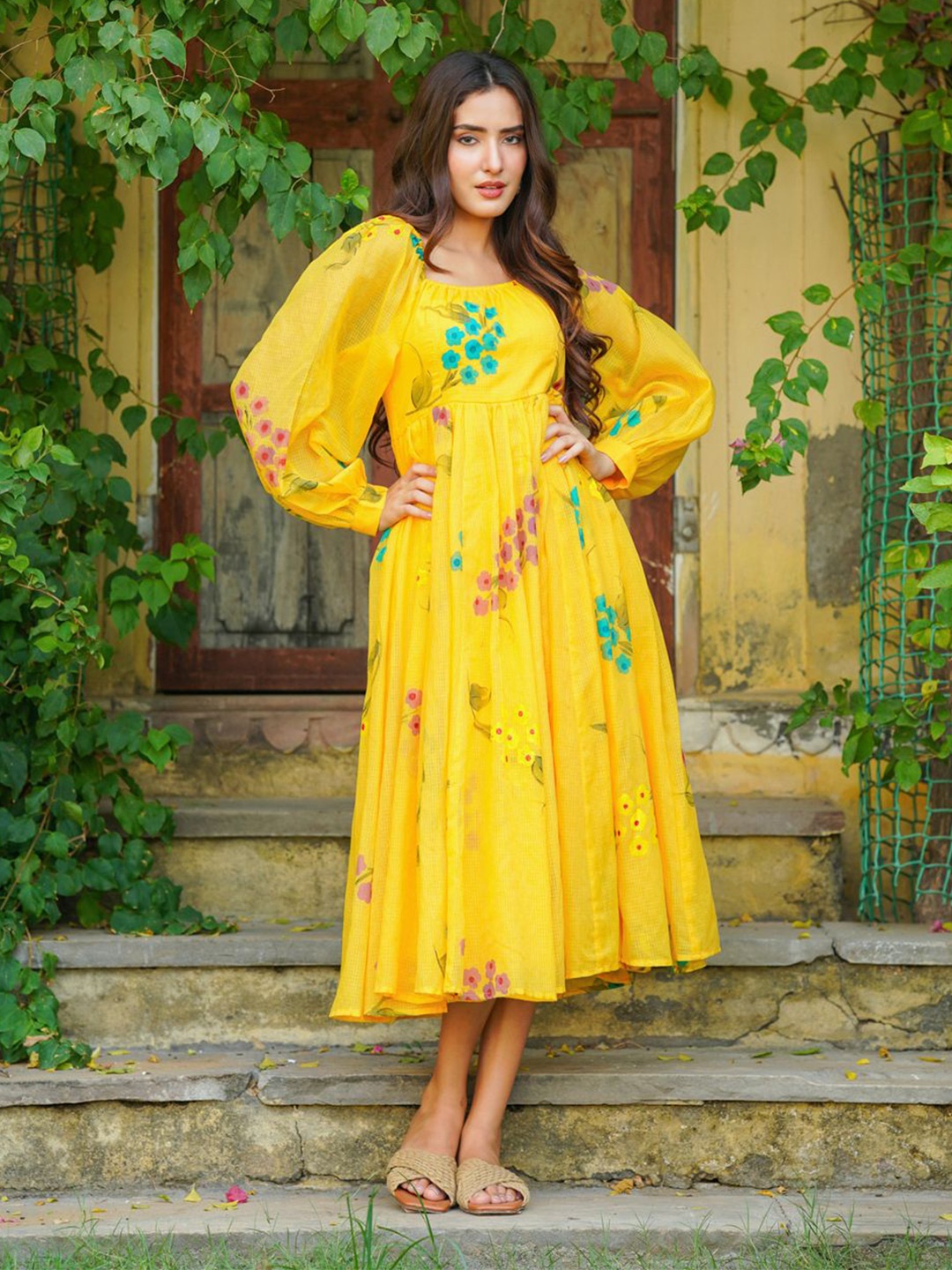 

Ambraee Floral Hand Painted Puff Sleeve Georgette Fit & Flare Dress, Yellow