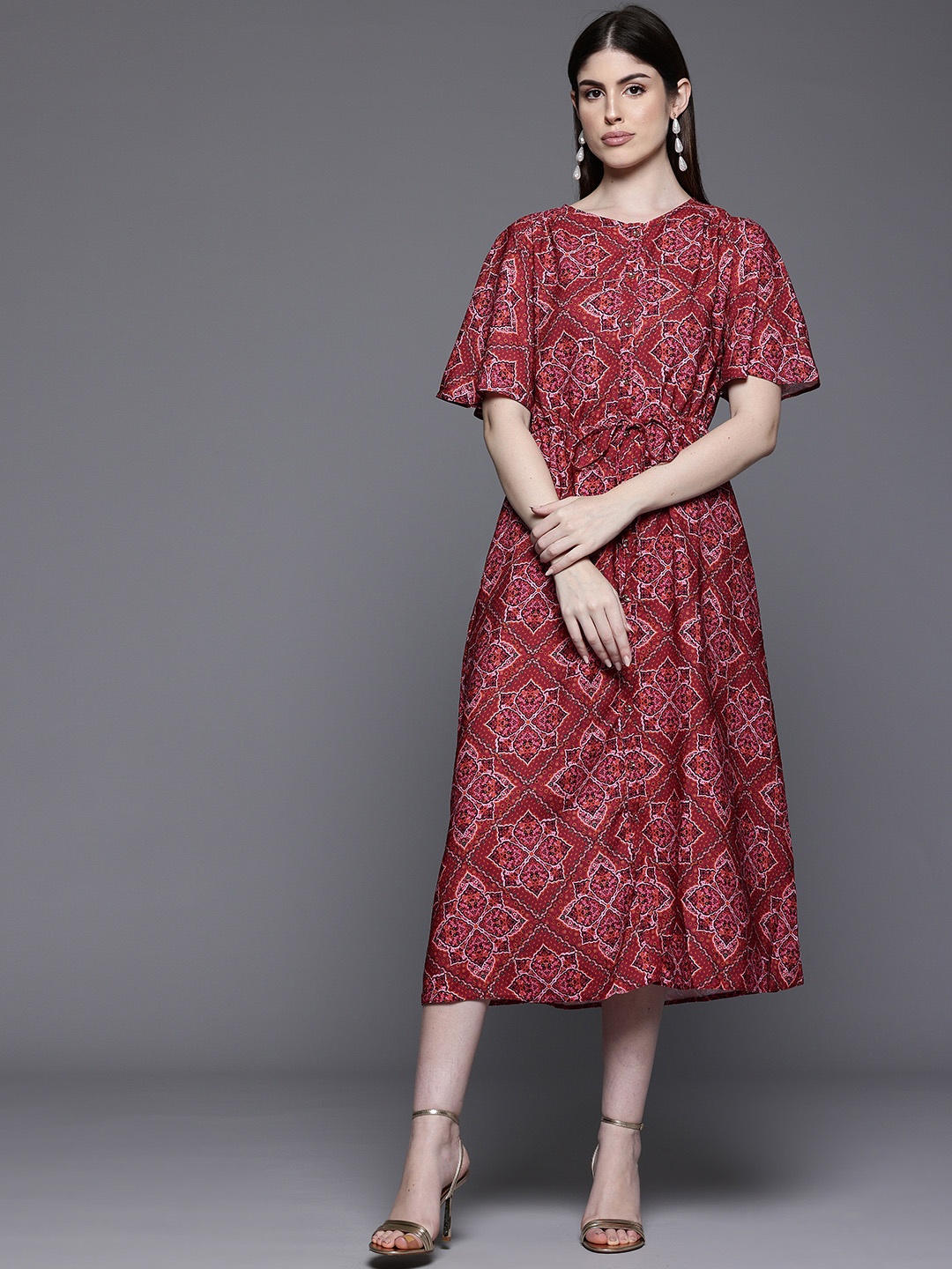 

DOROTHY PERKINS Ethnic Printed Flared Sleeve A-Line Midi Dress, Maroon