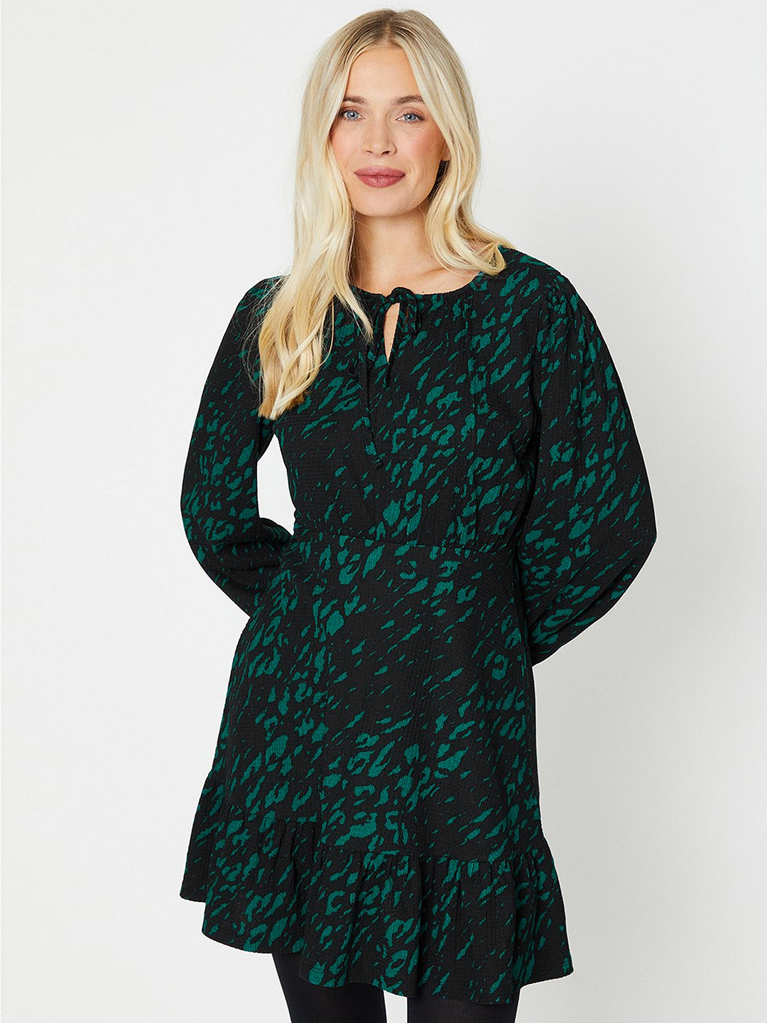 

DOROTHY PERKINS Printed Tie-Up Neck Bishop Sleeve A-Line Mini Dress, Black