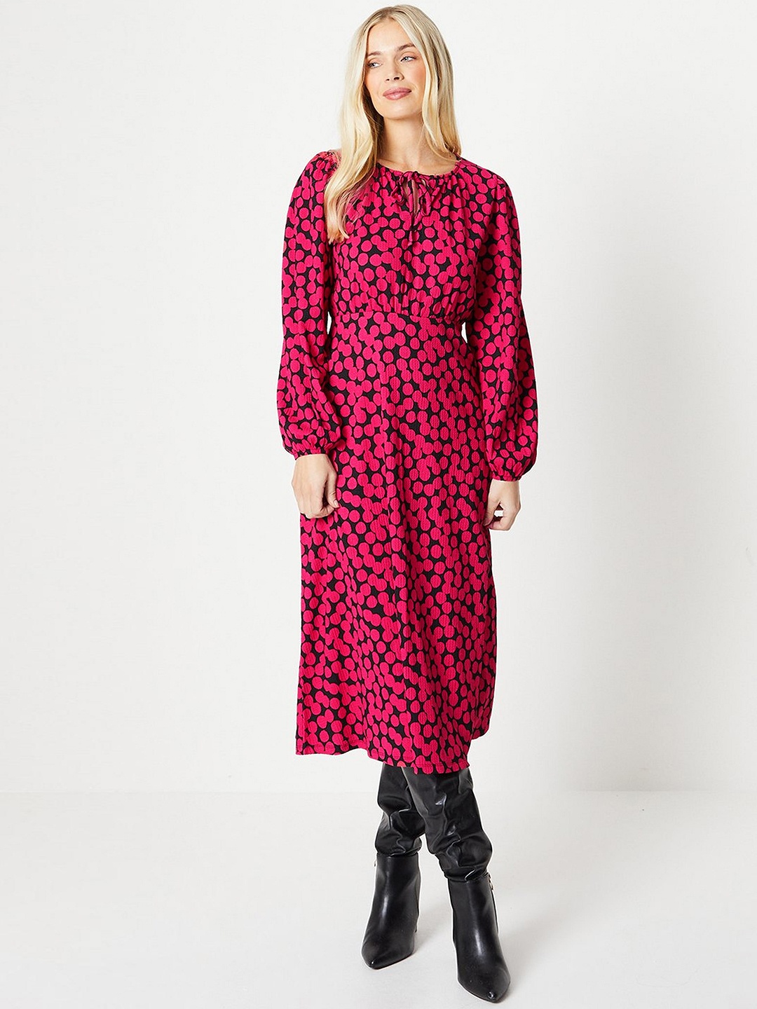 

DOROTHY PERKINS Printed Tie-Up Neck A-Line Midi Dress, Coral