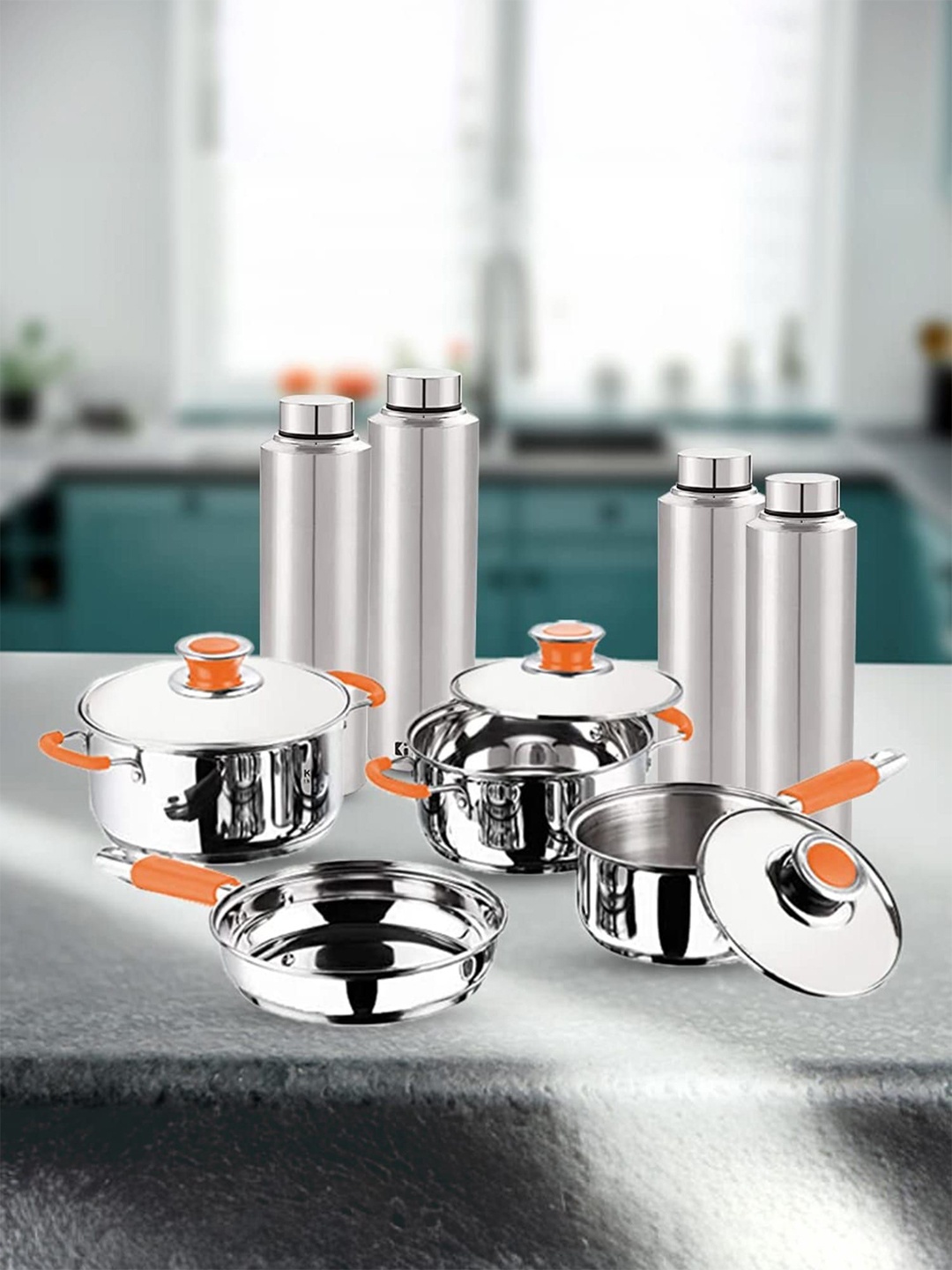 

Kuber Industries Silver Toned 8 Pieces Stainless Steel Cookware Set & Water Bottles