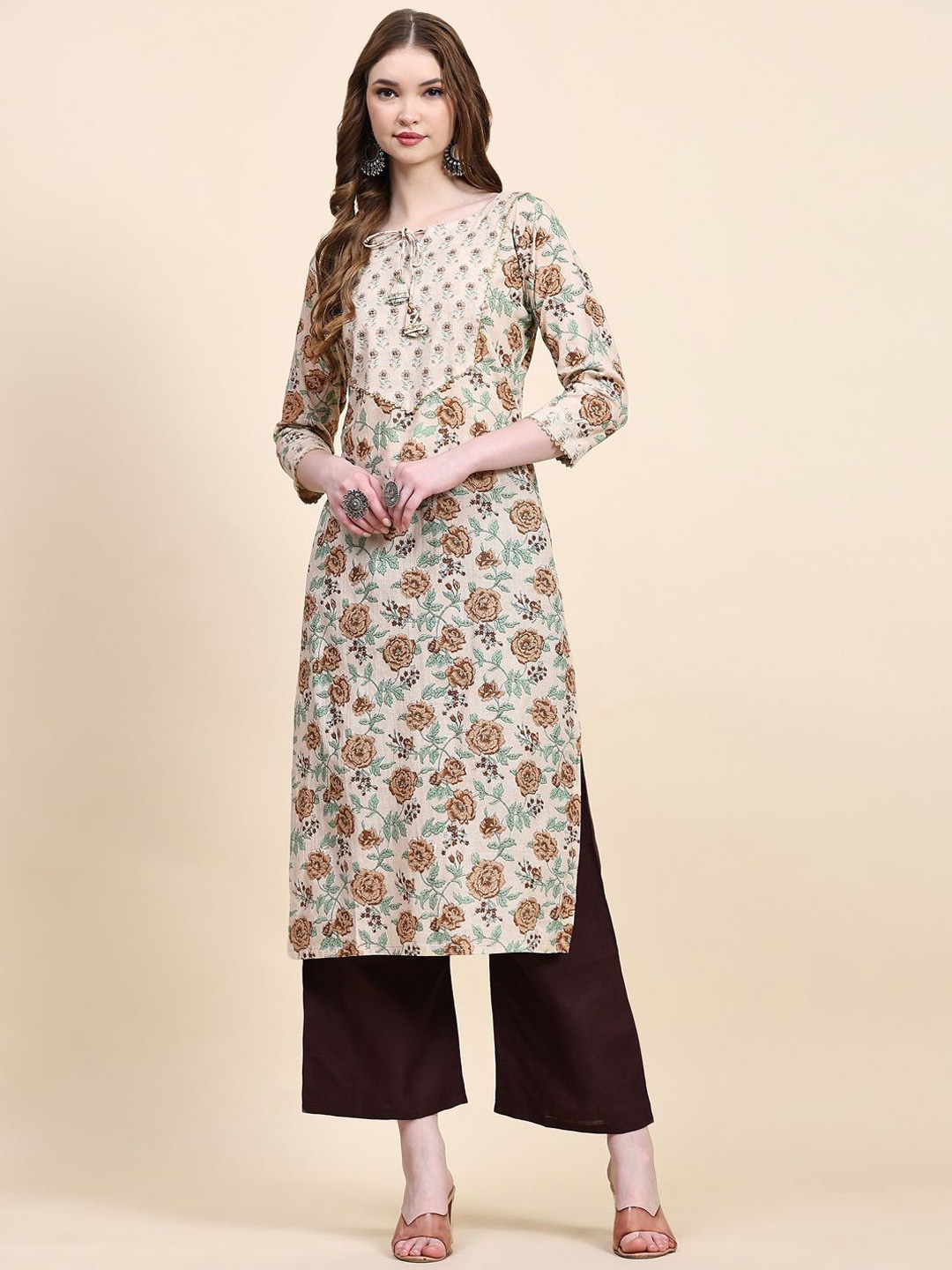 

Siya Fashion Floral Printed Tie Up Neck Straight Kurta with Palazzo, Beige