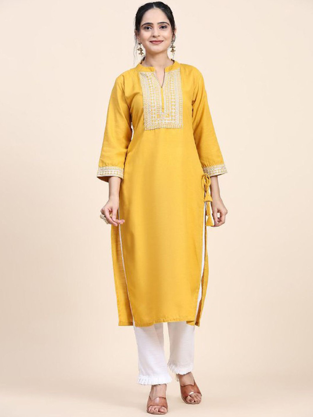 

Siya Fashion Ethnic Motifs Yoke Designed Straight Sequinned Kurta with Palazzos & Dupatta, Yellow