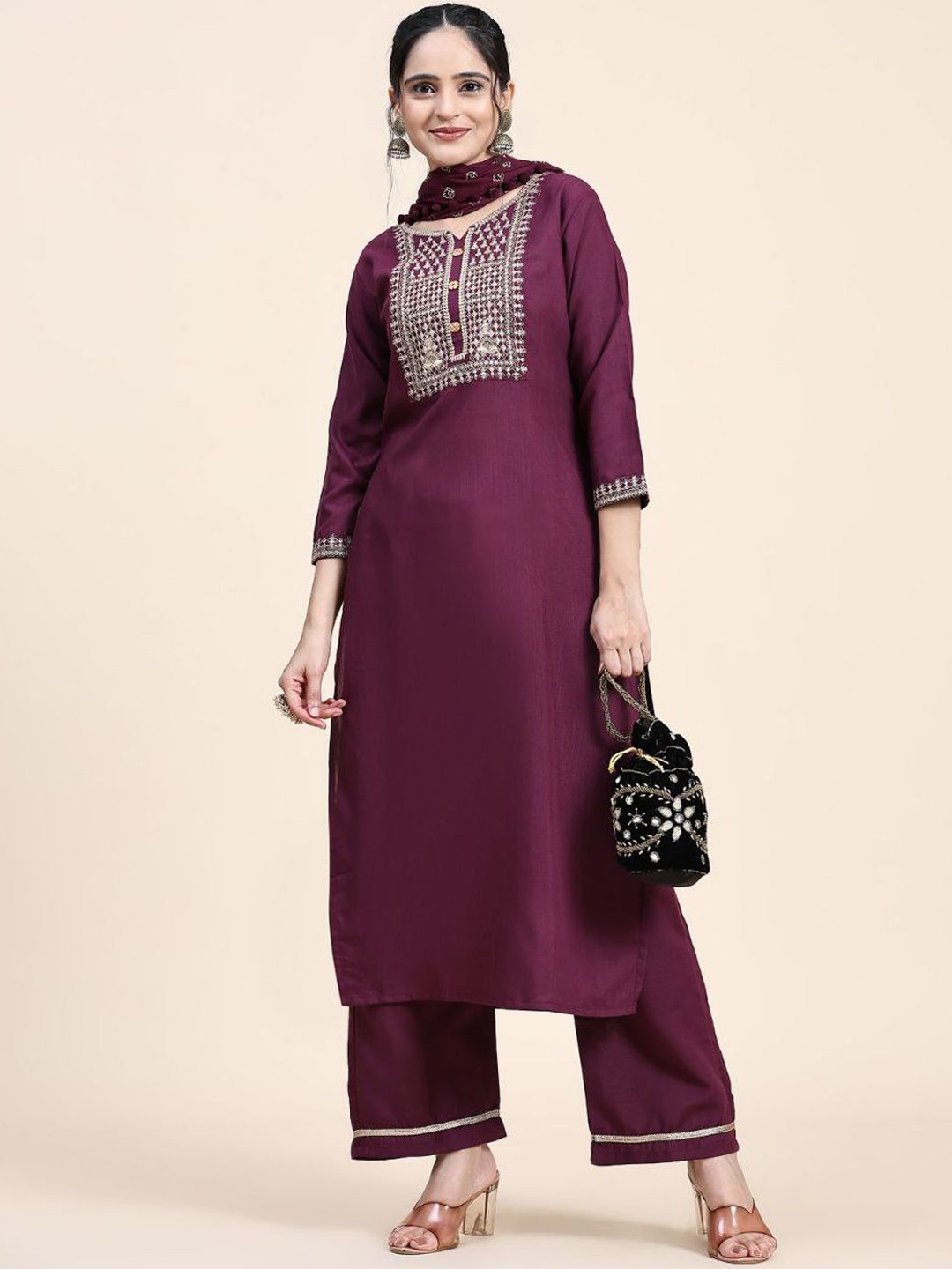 

Siya Fashion Ethnic Motifs Yoke Design Thread Work Kurta with Palazzos & Dupatta, Burgundy
