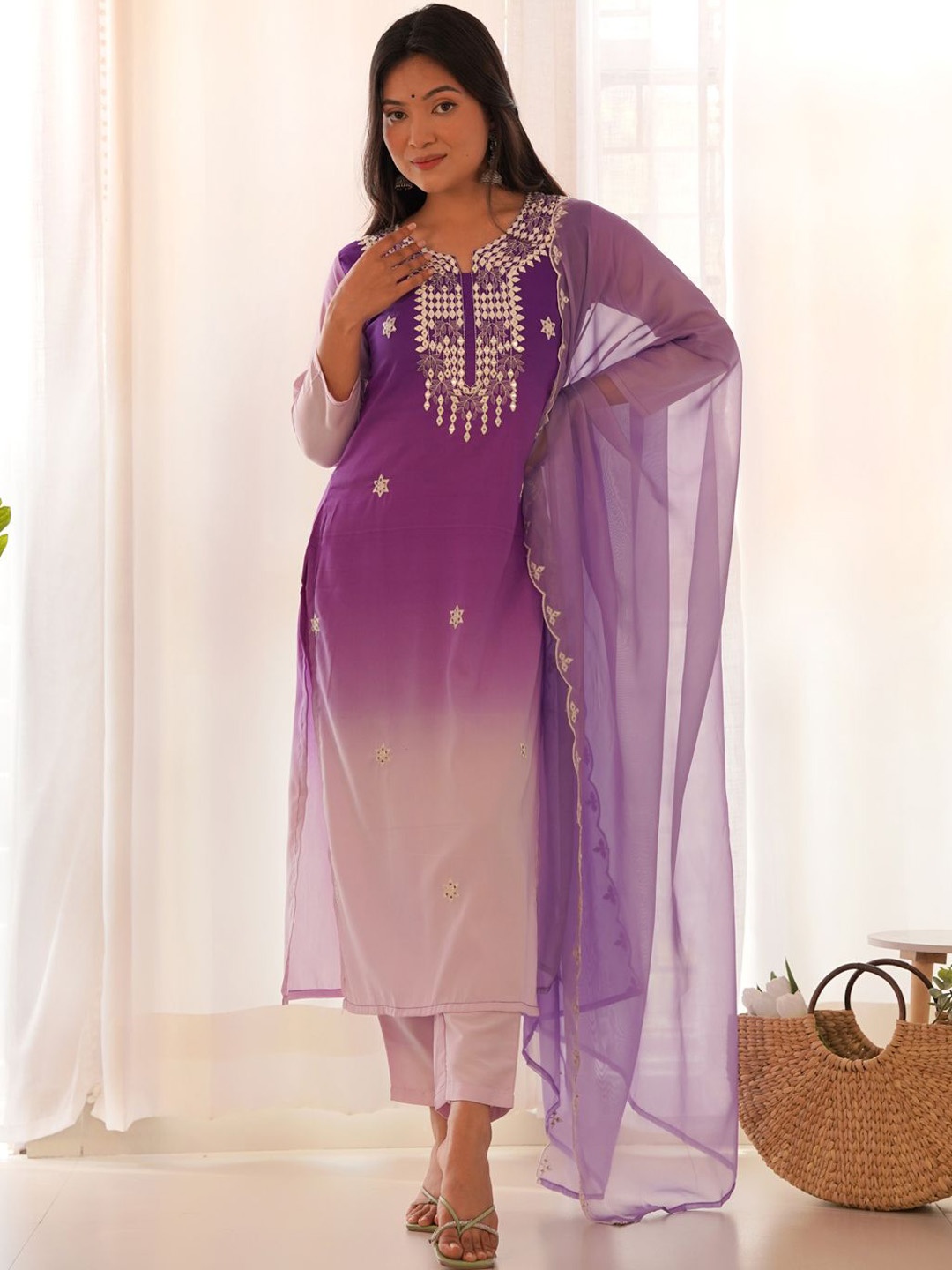 

Siya Fashion Ethnic Motifs Embroidered Straight Thread Work Kurta with Trousers & Dupatta, Purple
