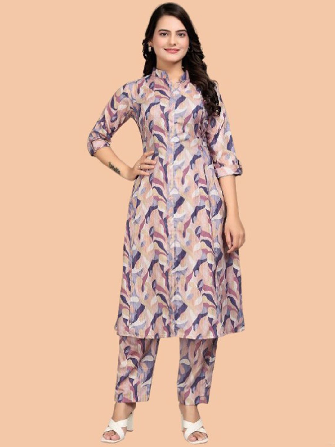 

Siya Fashion Floral Printed Mandarin Collar Straight Kurta with Palazzo, Purple