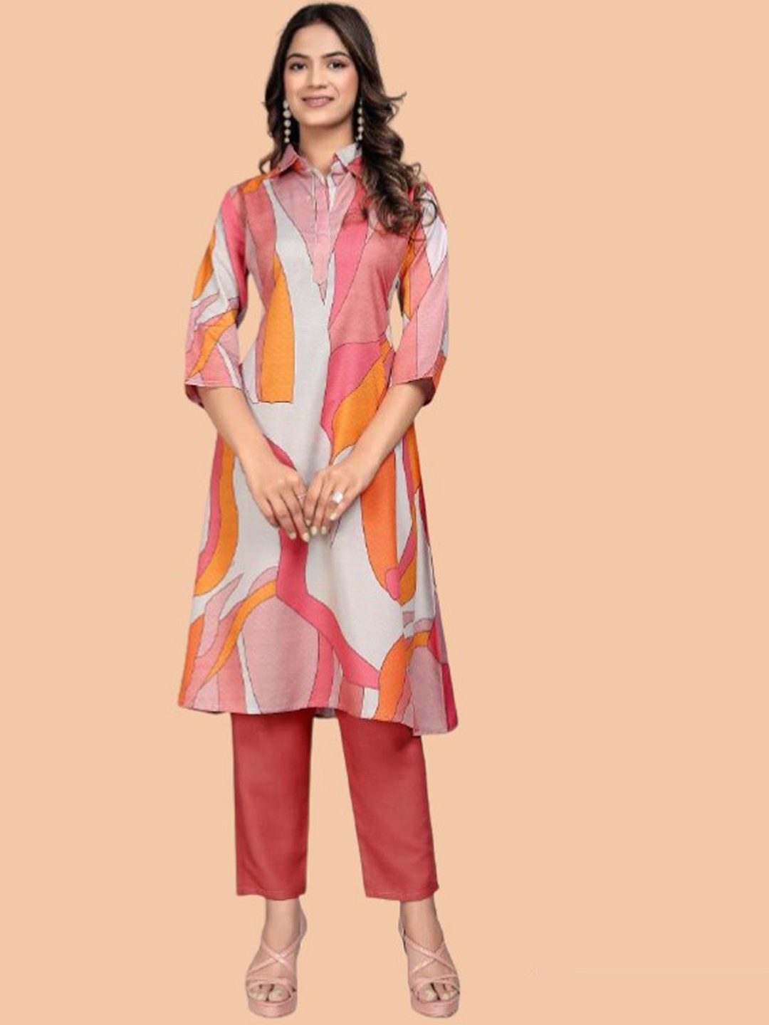 

Siya Fashion Abstract Printed A-Line Kurta with Trousers, Pink