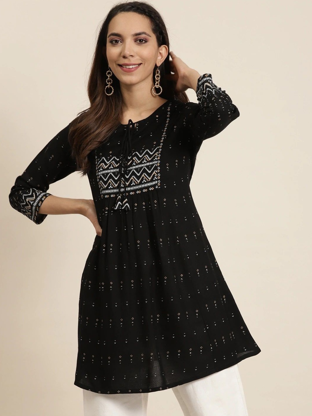 

KALINI Geometric Printed Kurti, Black