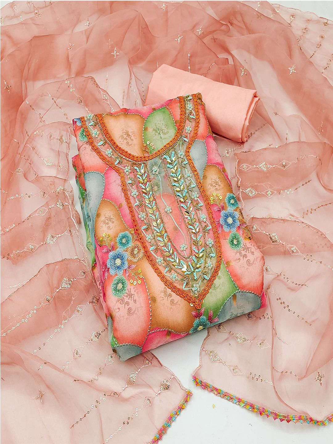 

Lilots Floral Woven Design Organza Unstitched Dress Material, Peach