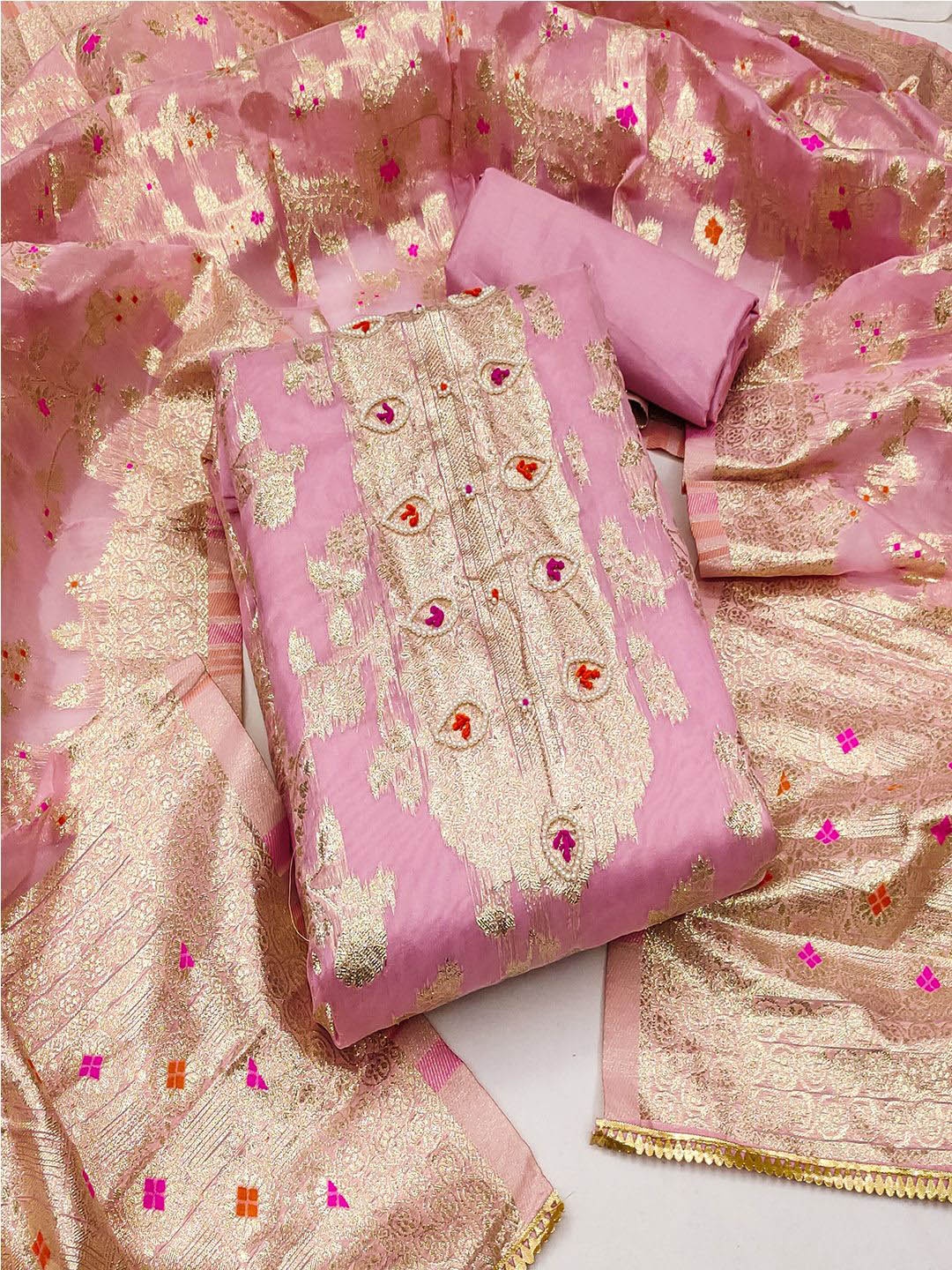 

Lilots Floral Woven Design Beads and Stones Organza Silk Unstitched Dress Material, Pink
