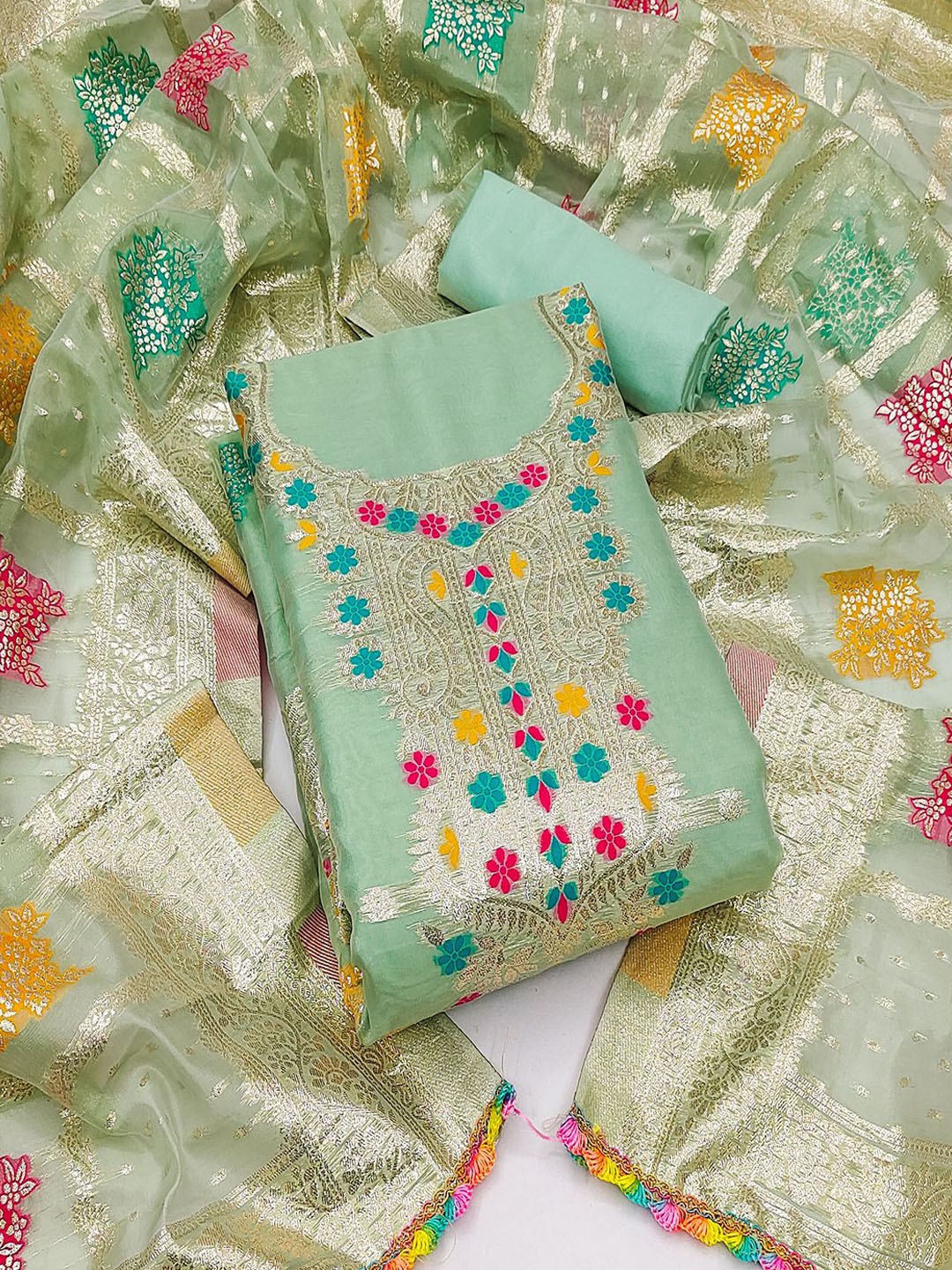 

Lilots Floral Woven Design Zari Organza Unstitched Dress Material, Green