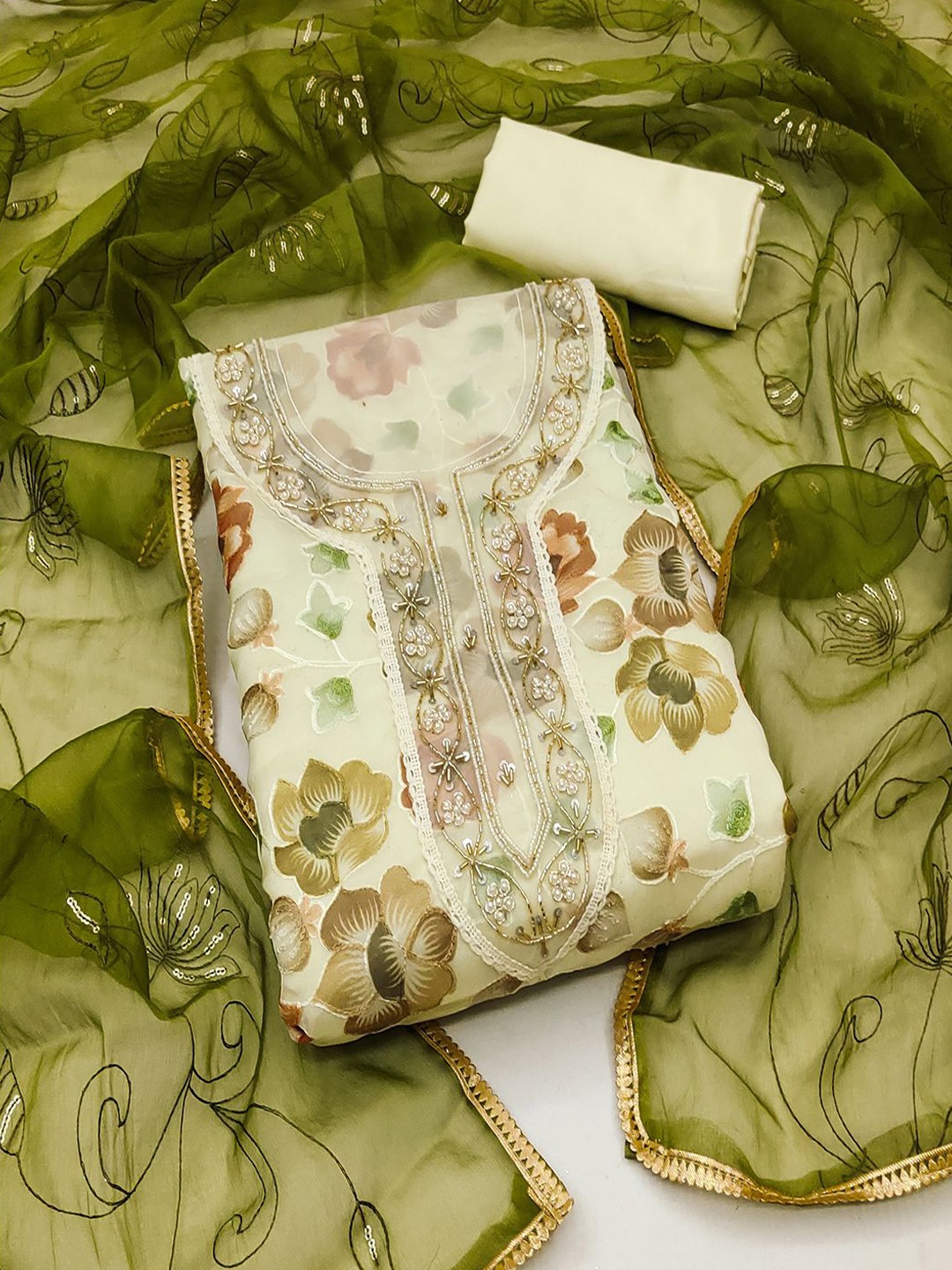 

Lilots Floral Printed Beads and Stones Organza Silk Unstitched Dress Material, Green