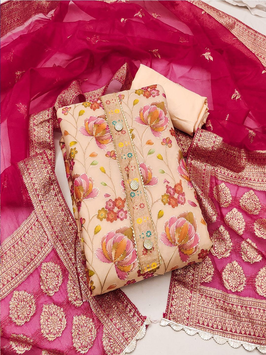 

Lilots Floral Printed Sequinned Organza Unstitched Dress Material, Peach