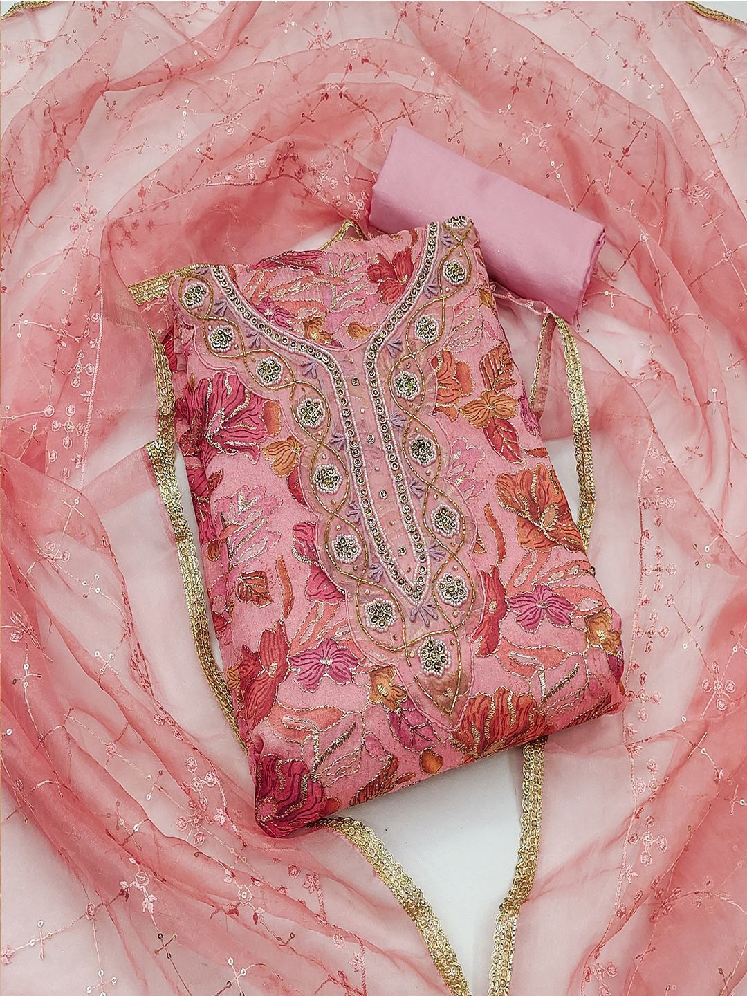 

Lilots Floral Printed Beads and Stones Organza Unstitched Dress Material, Peach